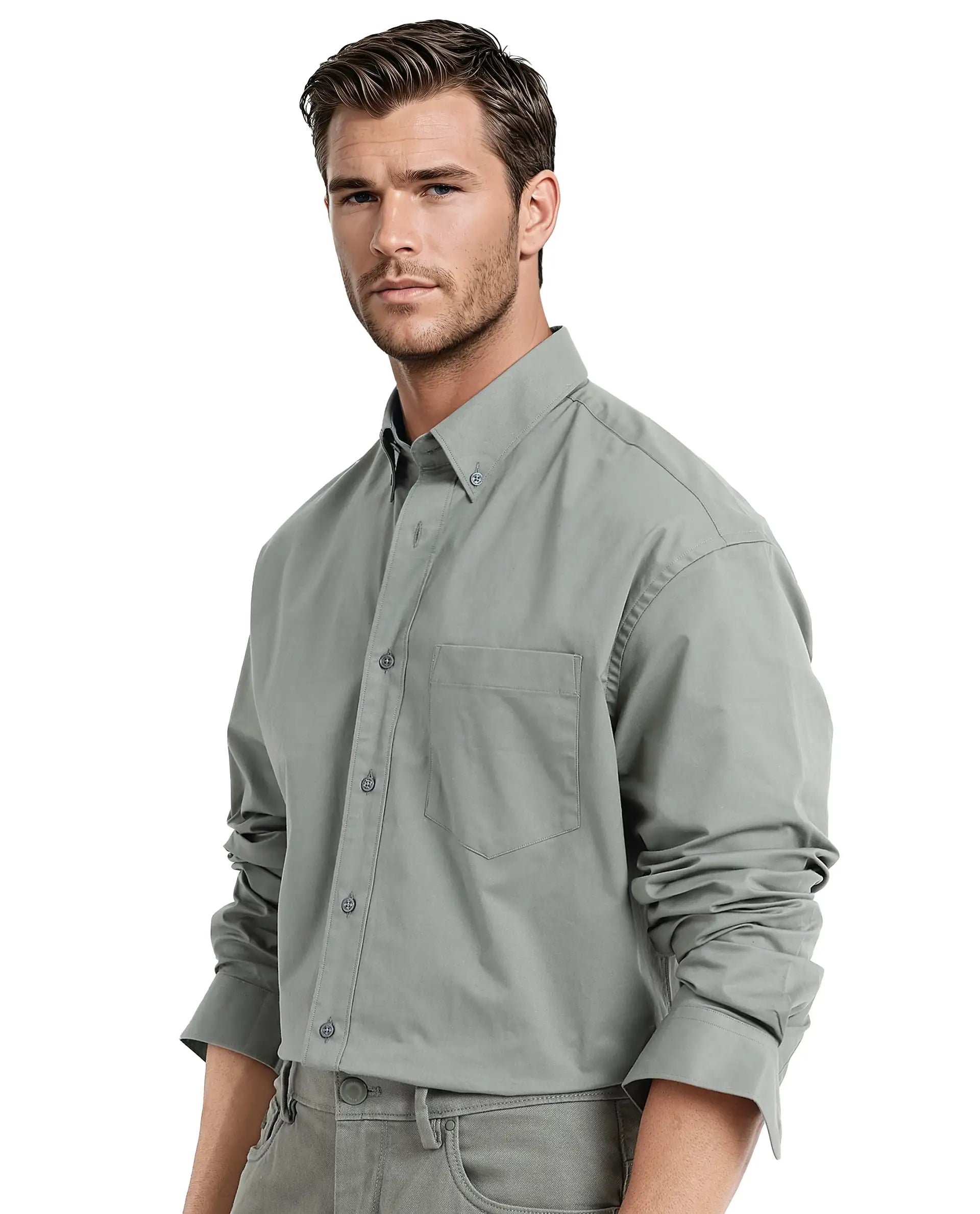 Rare Rabbit Men's Zord Green Cotton Lycra Fabric Full Sleeves Button Down Collar Boxy Fit Plain Shirt