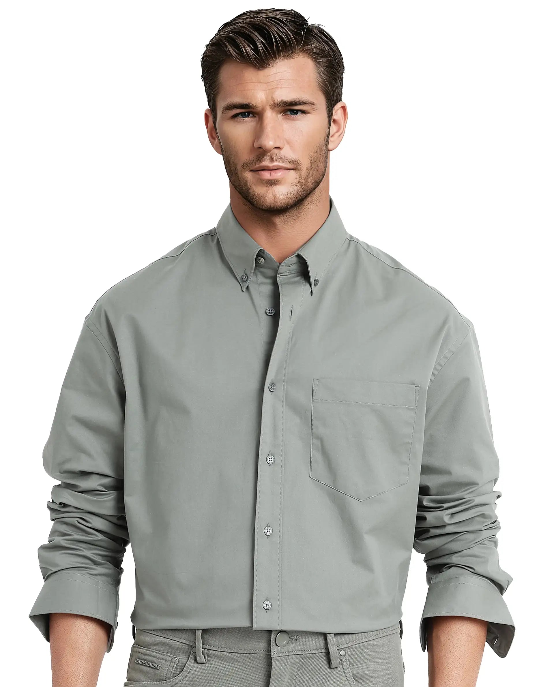 Rare Rabbit Men's Zord Green Cotton Lycra Fabric Full Sleeves Button Down Collar Boxy Fit Plain Shirt