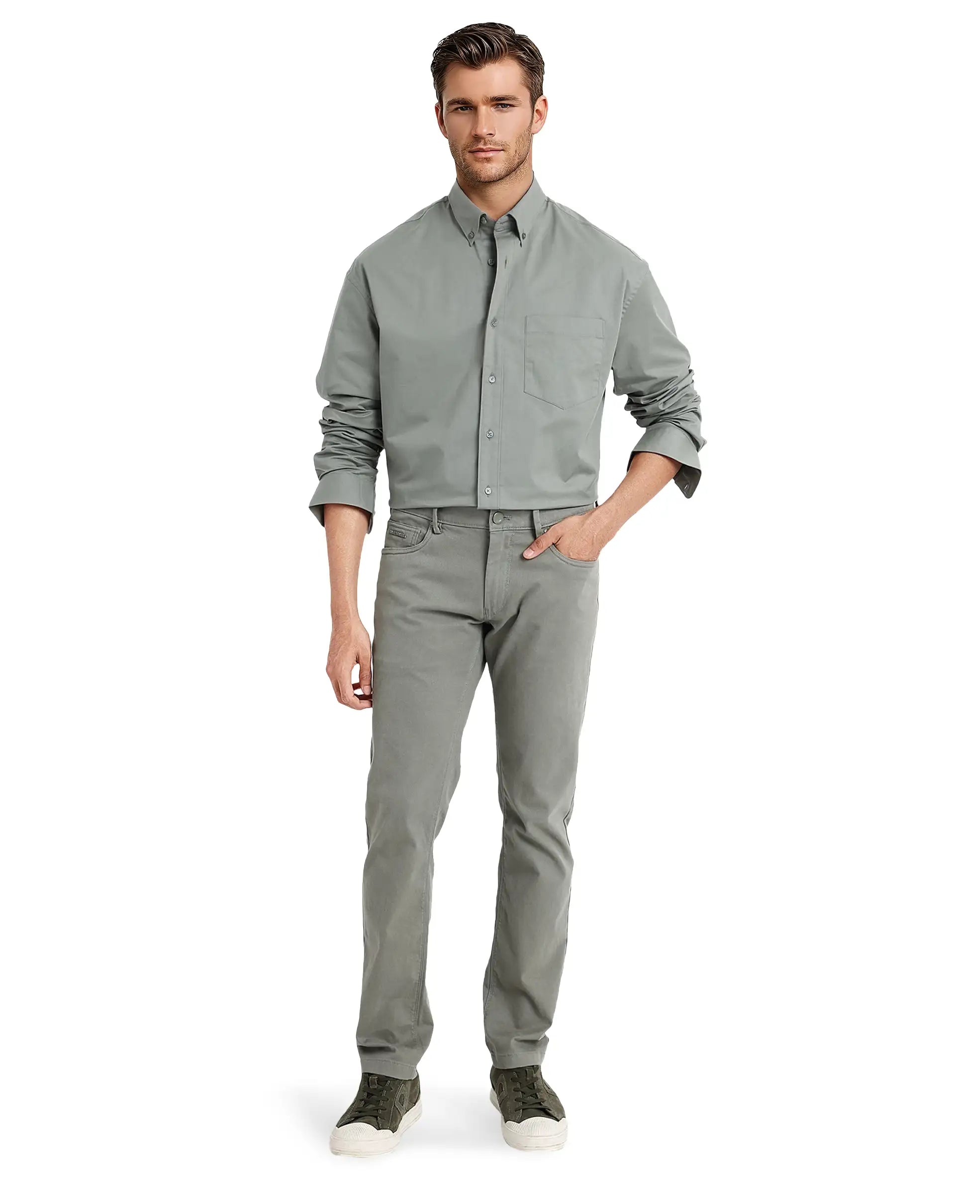 Rare Rabbit Men's Zord Green Cotton Lycra Fabric Full Sleeves Button Down Collar Boxy Fit Plain Shirt