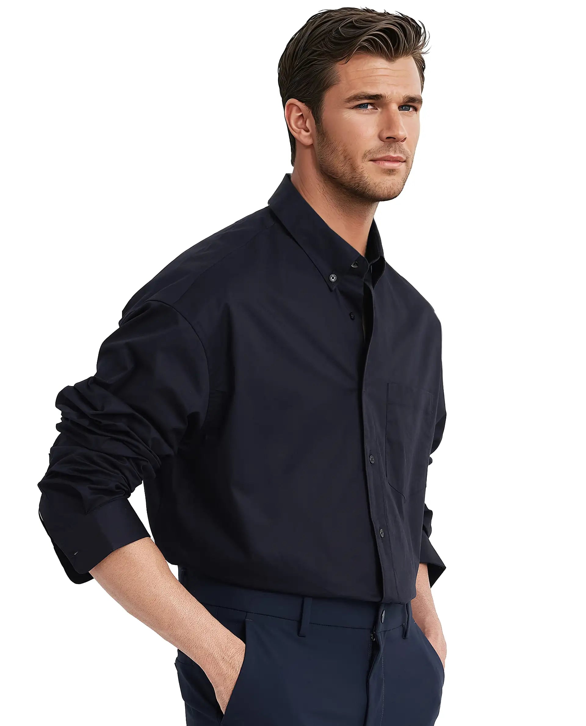 Rare Rabbit Men's Zord Navy Cotton Lycra Fabric Full Sleeves Button Down Collar Boxy Fit Plain Shirt