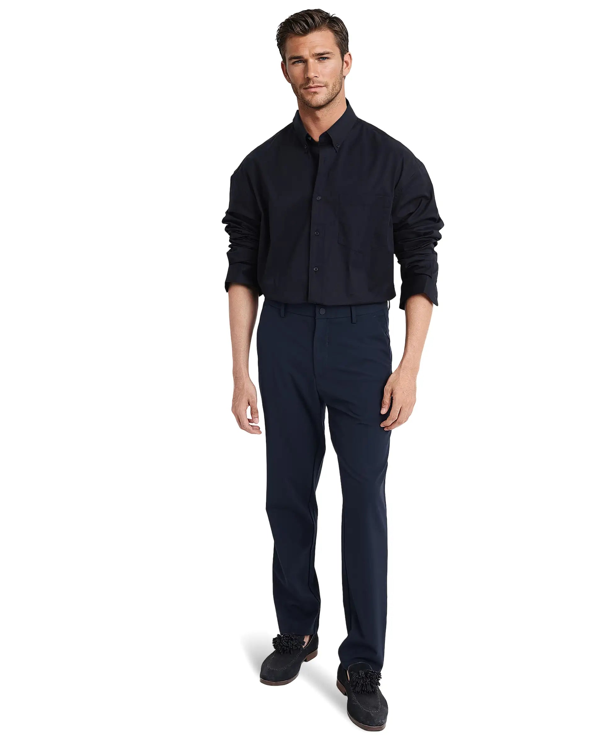 Rare Rabbit Men's Zord Navy Cotton Lycra Fabric Full Sleeves Button Down Collar Boxy Fit Plain Shirt