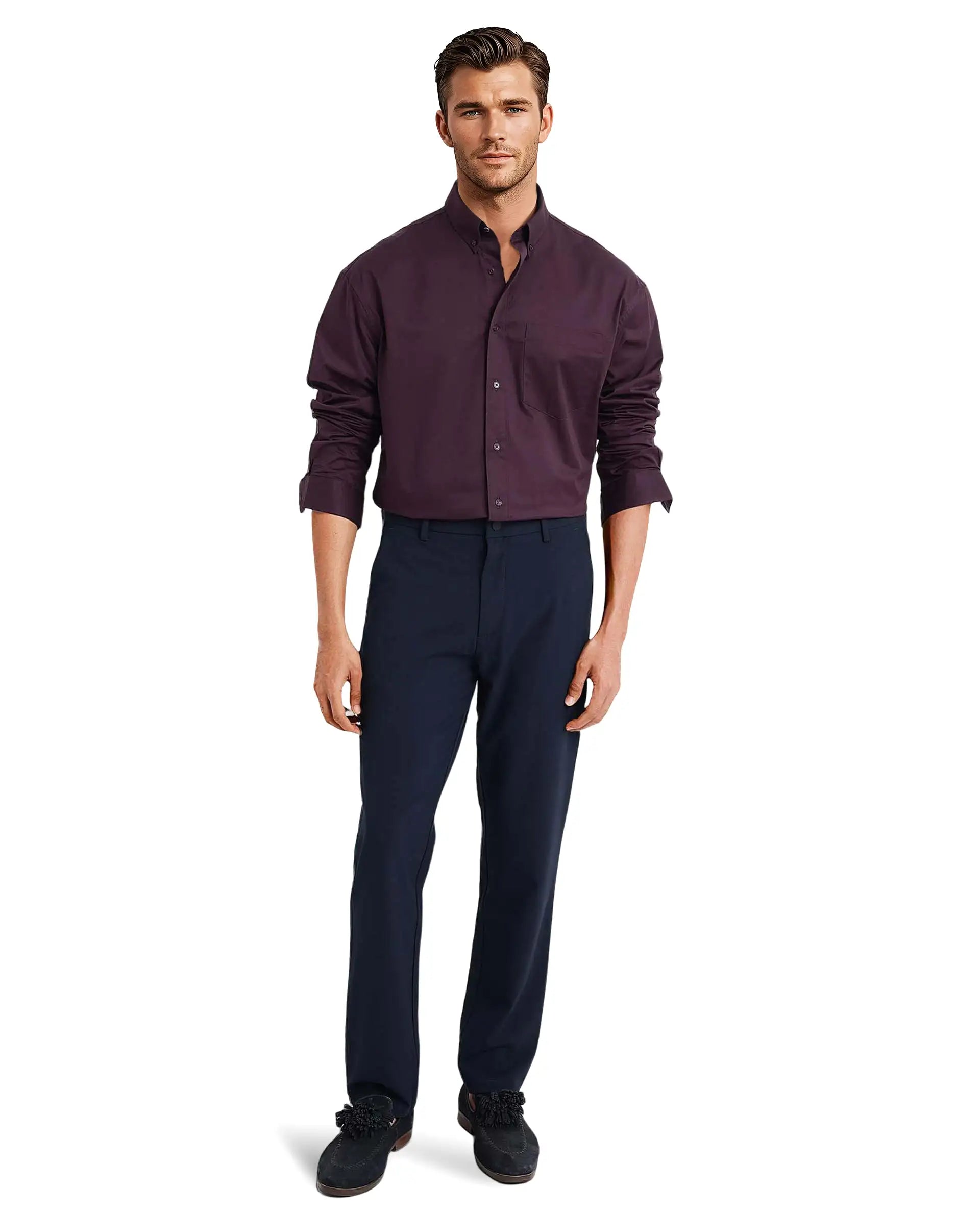 Rare Rabbit Men's Zord Purple Cotton Lycra Fabric Full Sleeves Button Down Collar Boxy Fit Plain Shirt