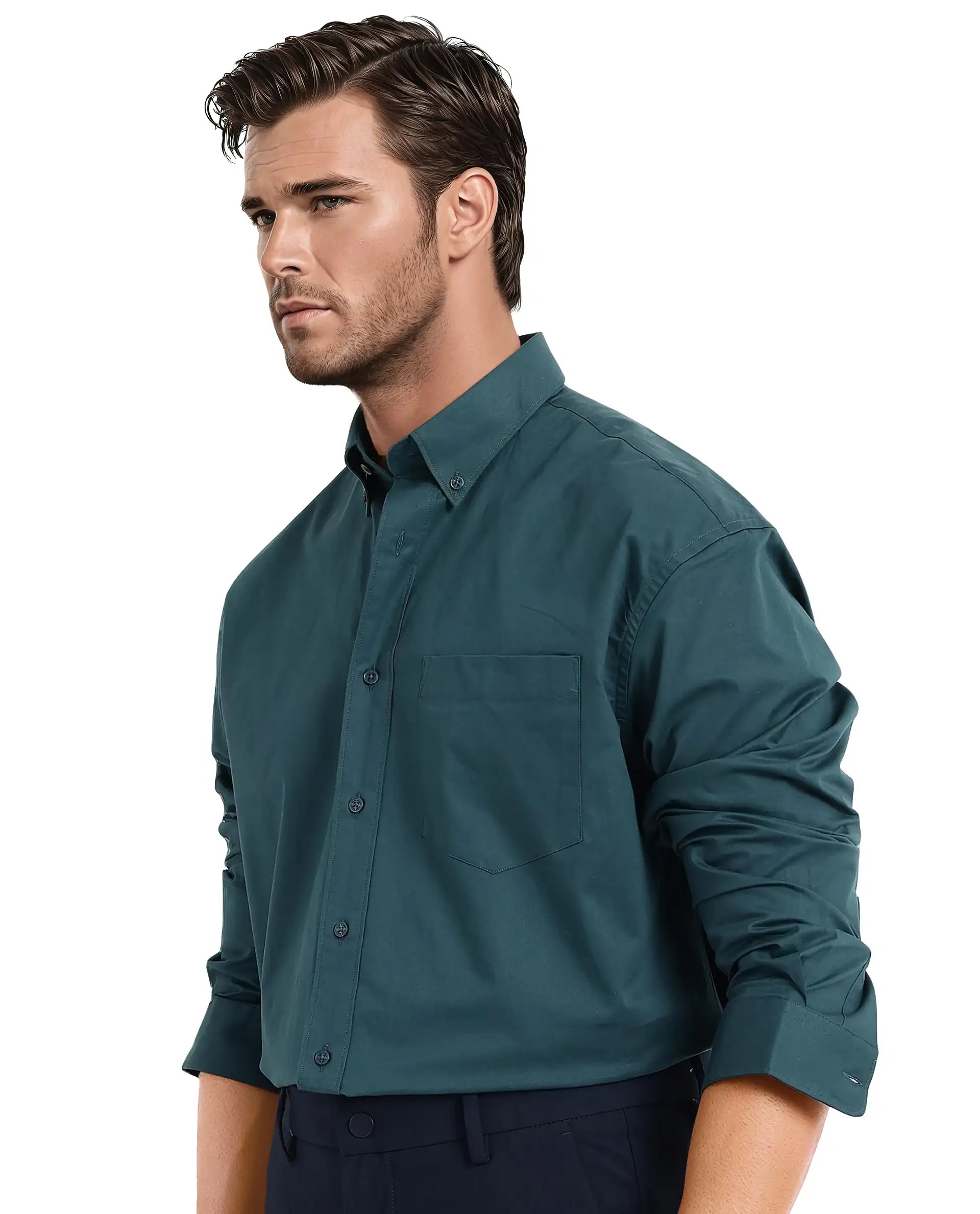 Rare Rabbit Men's Zord Teal Cotton Lycra Fabric Full Sleeves Button Down Collar Boxy Fit Plain Shirt