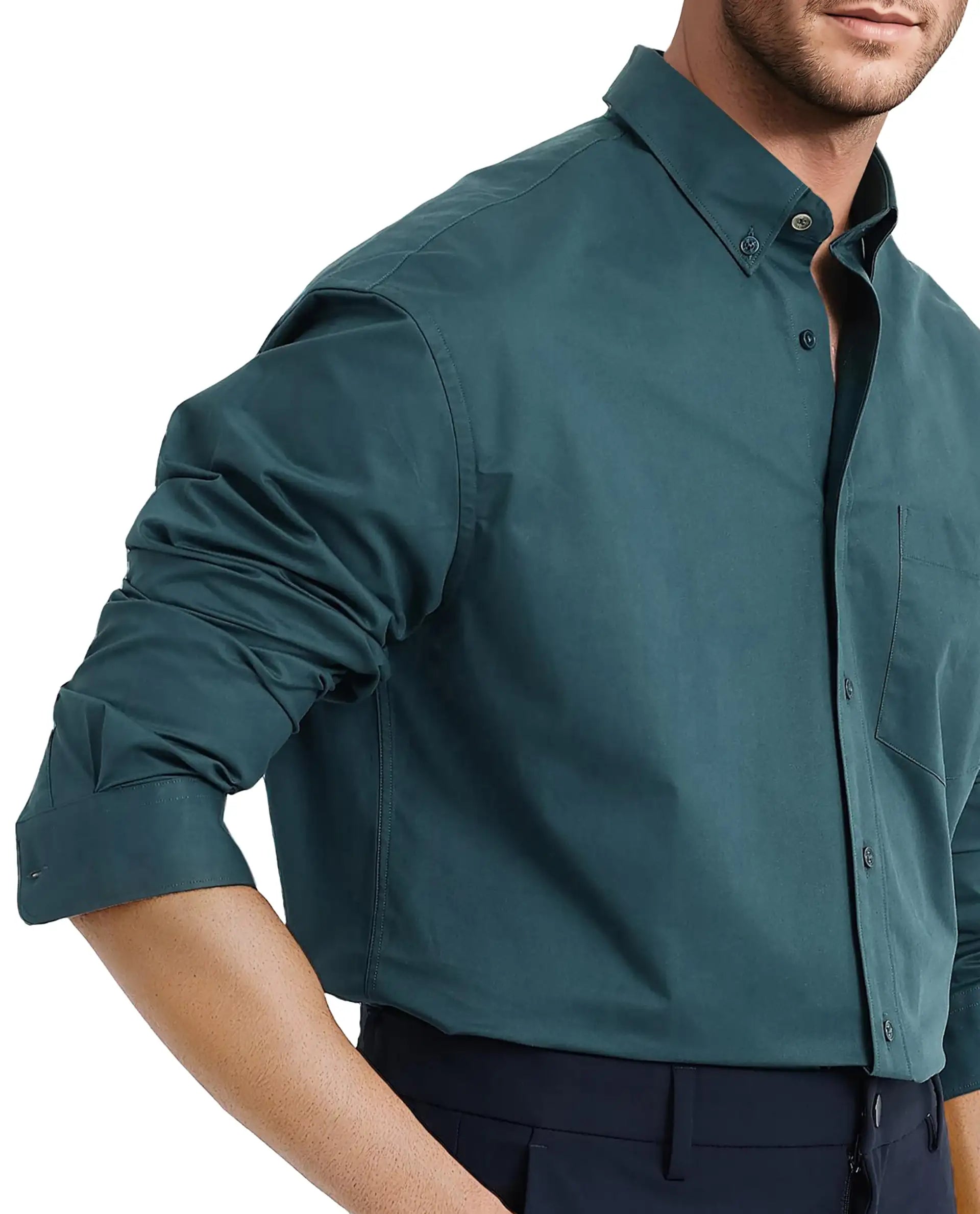 Rare Rabbit Men's Zord Teal Cotton Lycra Fabric Full Sleeves Button Down Collar Boxy Fit Plain Shirt
