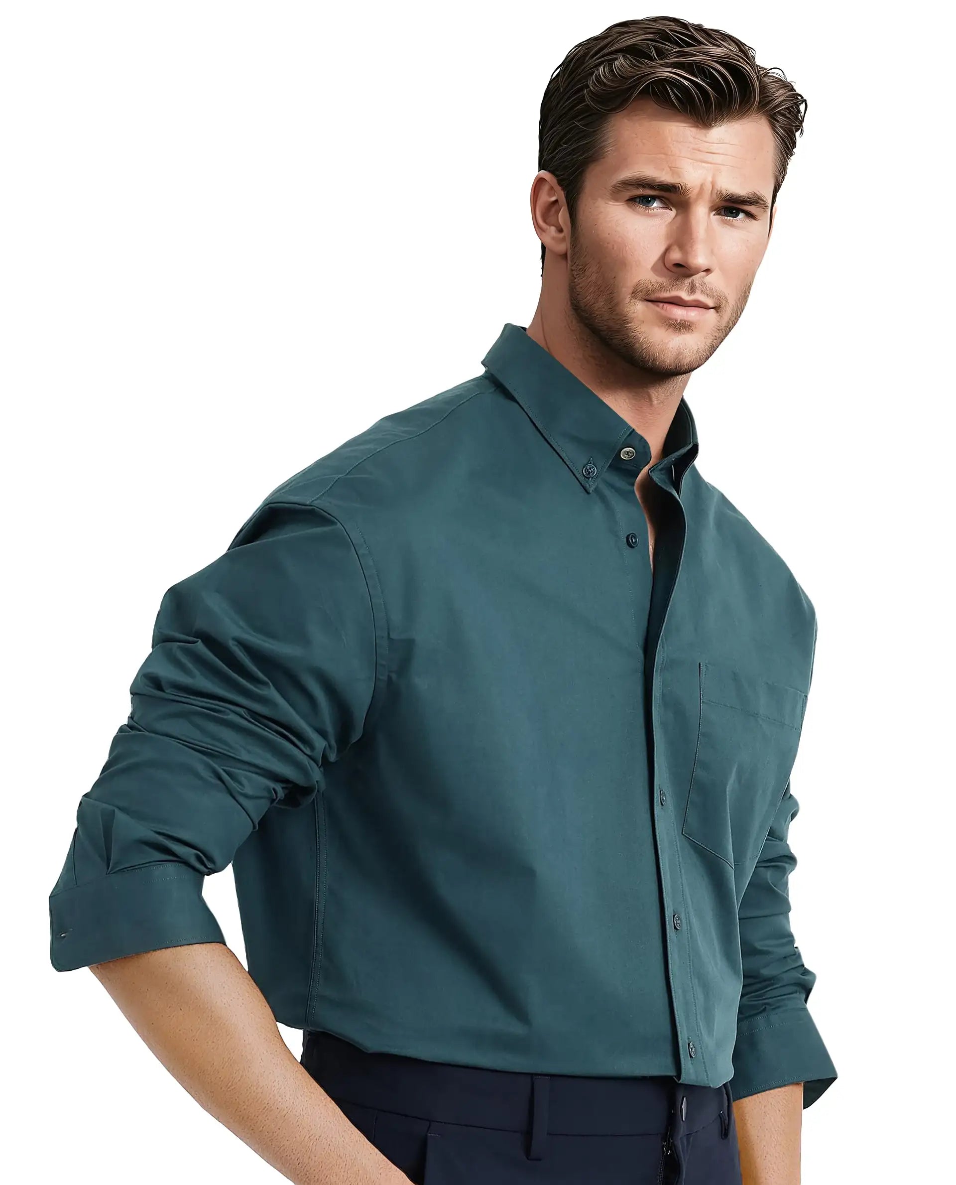 Rare Rabbit Men's Zord Teal Cotton Lycra Fabric Full Sleeves Button Down Collar Boxy Fit Plain Shirt