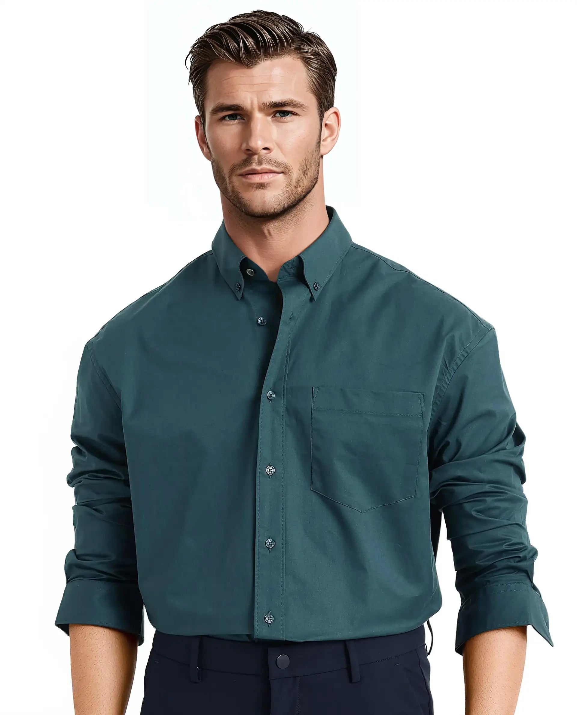 Rare Rabbit Men's Zord Teal Cotton Lycra Fabric Full Sleeves Button Down Collar Boxy Fit Plain Shirt