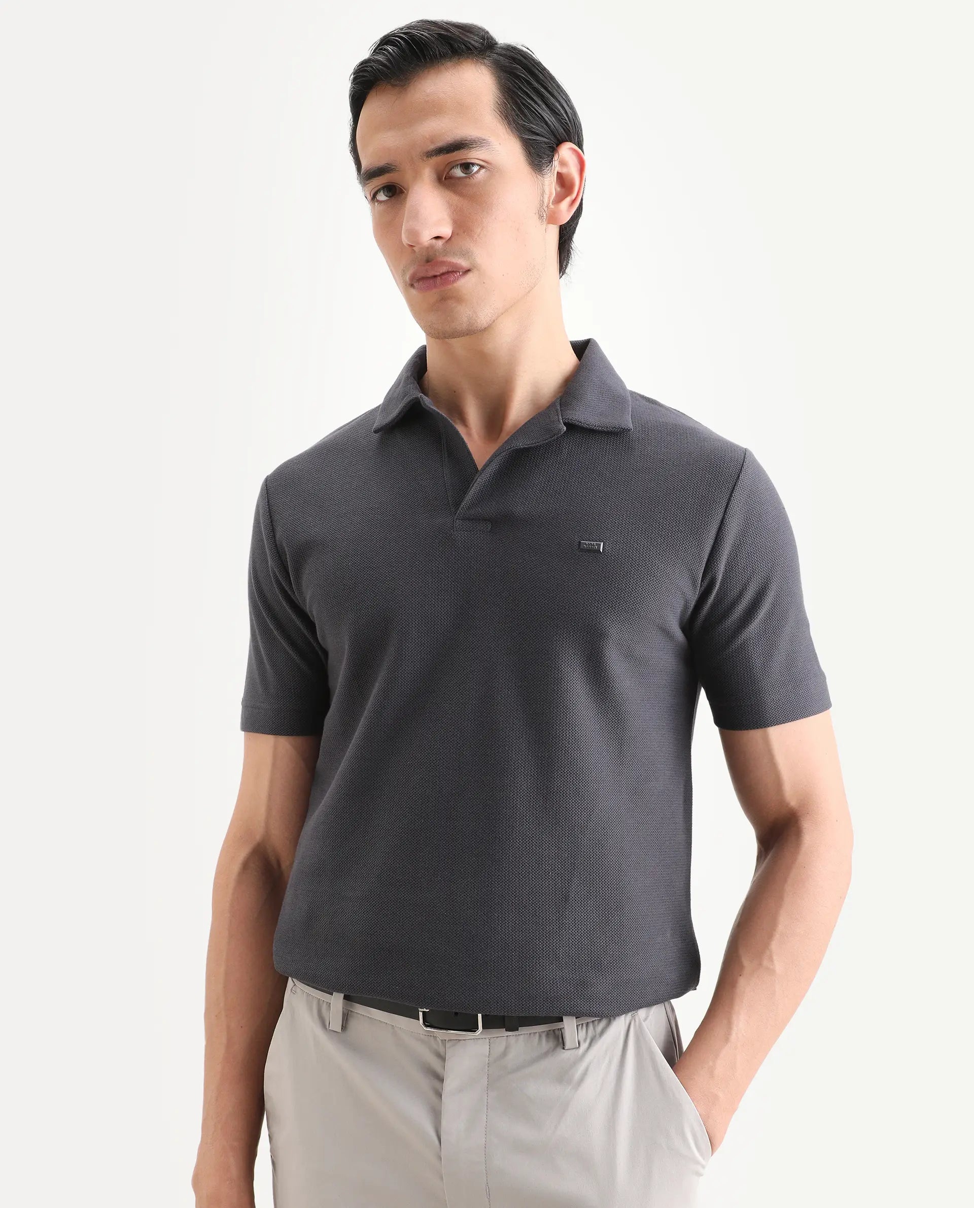 Rare Rabbit Men's Zorv-S26 Dark Grey Cotton Fabric Half Sleeve Cuban Collar Regular Fit Textured Polo