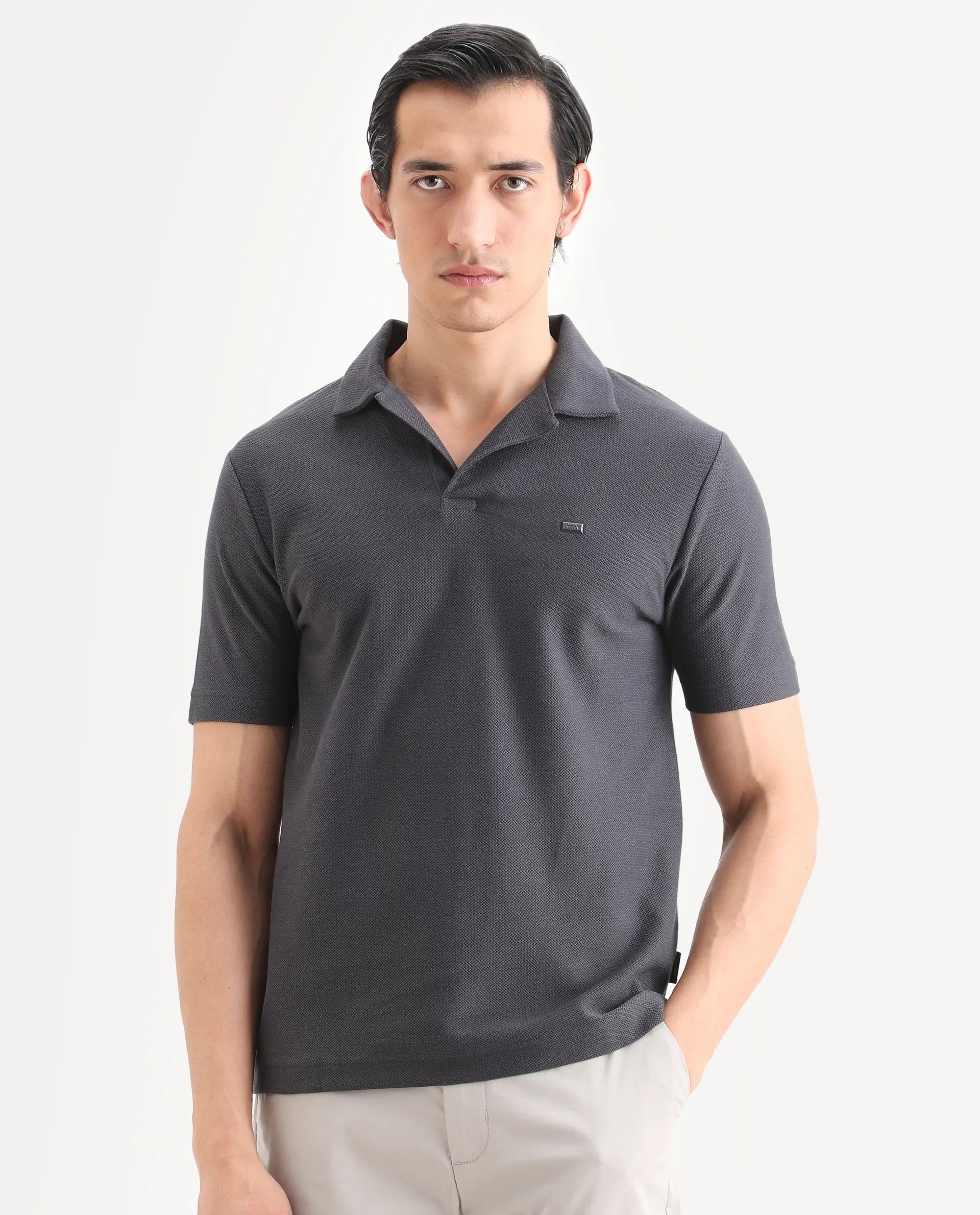 Rare Rabbit Men's Zorv-S26 Dark Grey Cotton Fabric Half Sleeve Cuban Collar Regular Fit Textured Polo