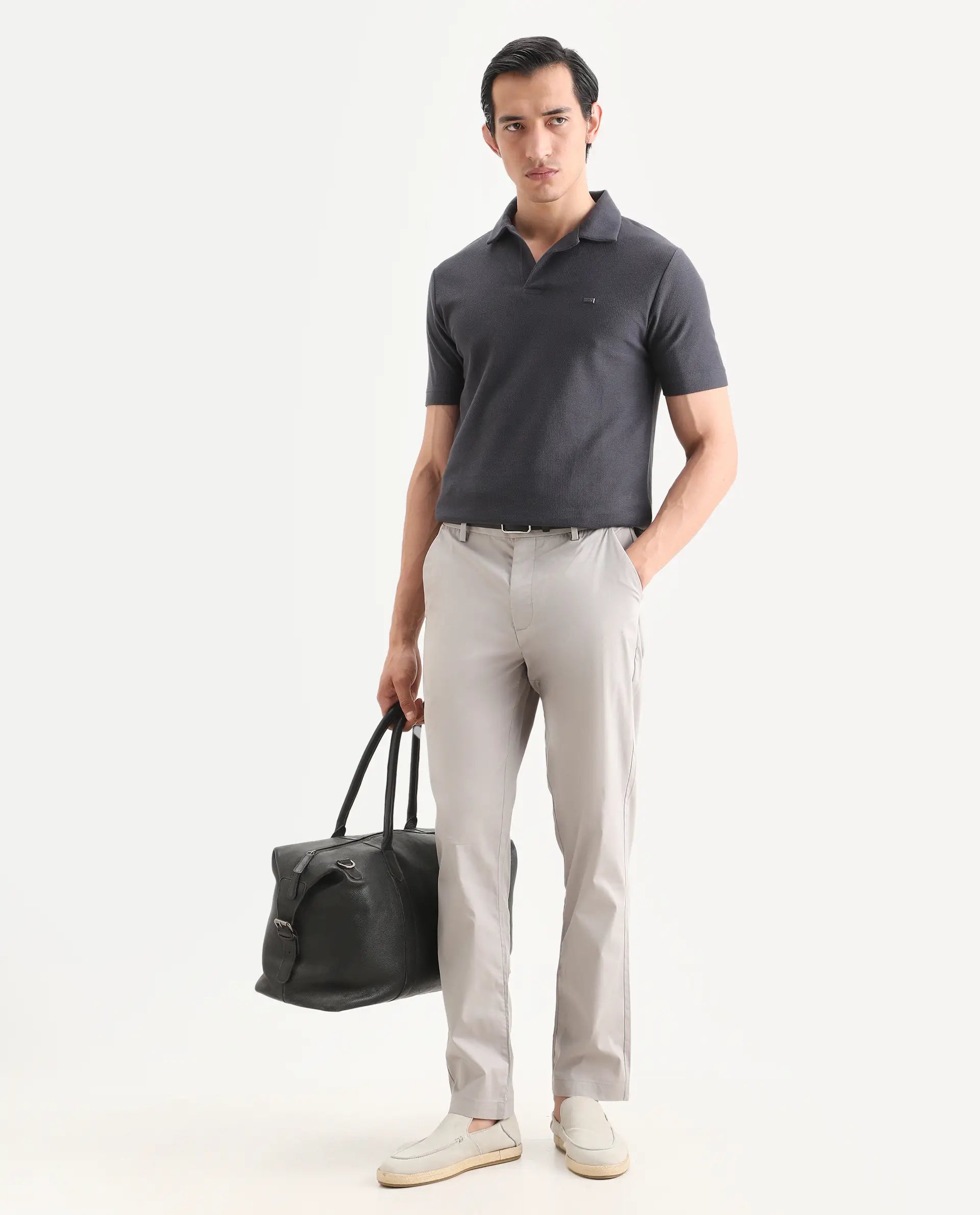 Rare Rabbit Men's Zorv-S26 Dark Grey Cotton Fabric Half Sleeve Cuban Collar Regular Fit Textured Polo