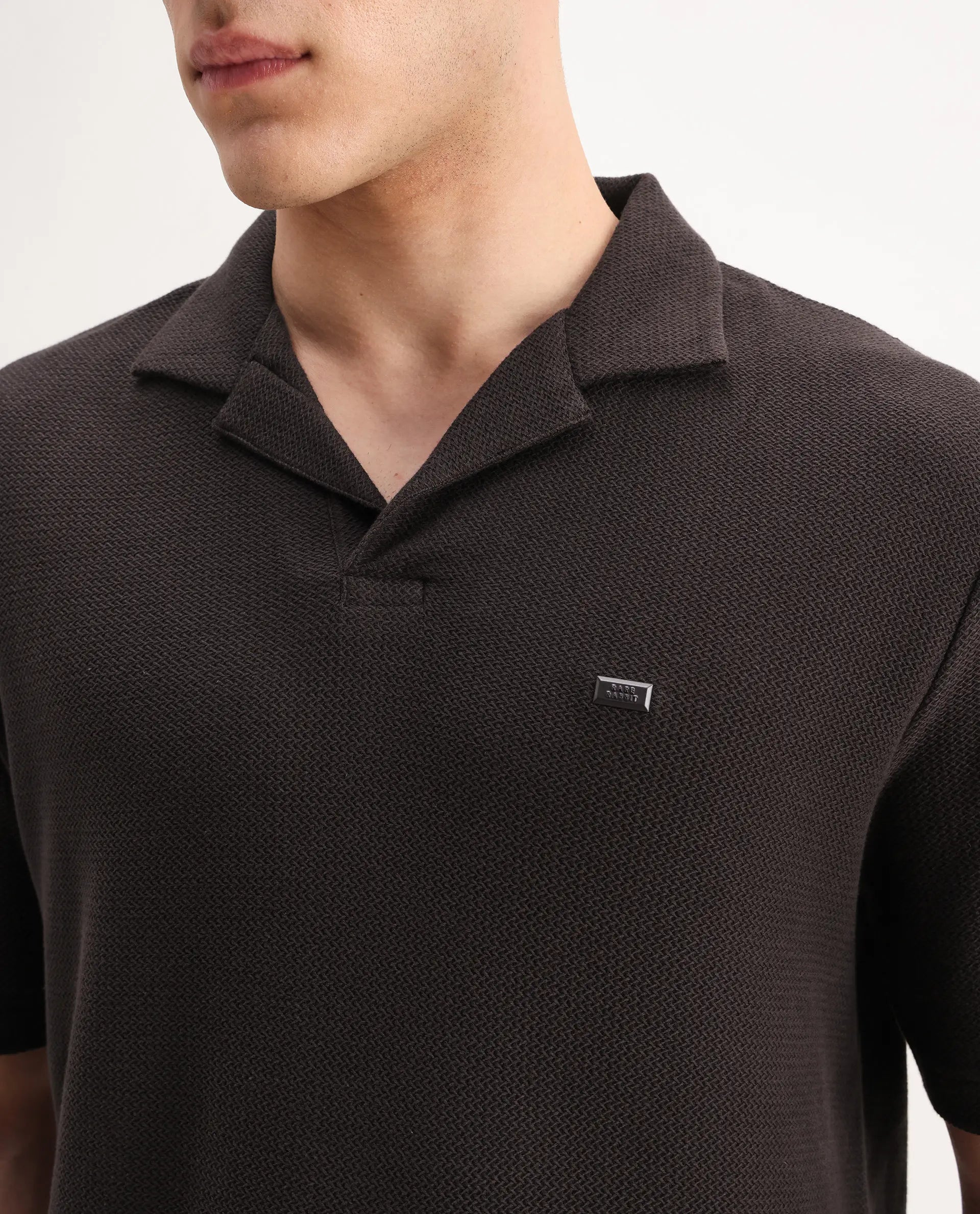 Rare Rabbit Men's Zorv Dark Brown Cotton Plain Regular Fit Half Sleeve Polo