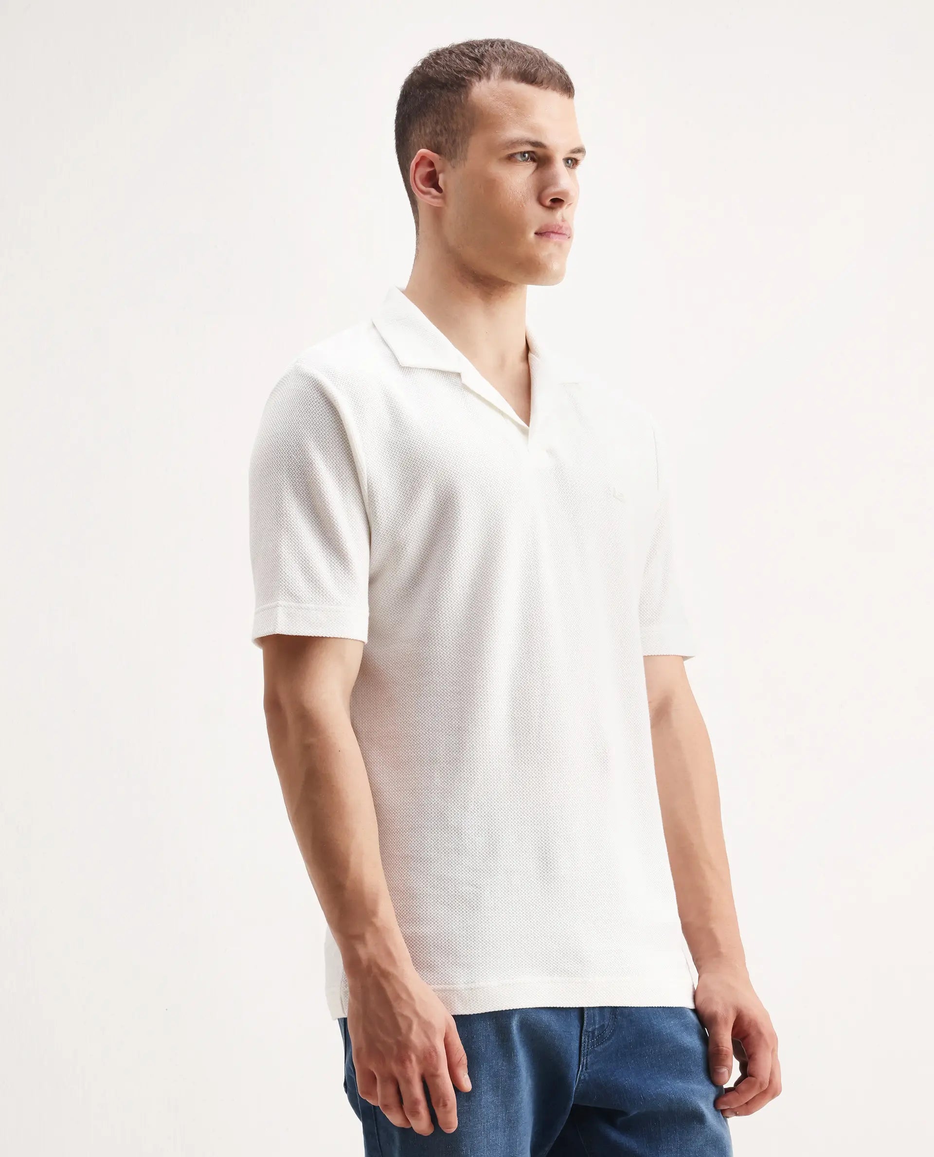 Rare Rabbit Men's Zorv Off White Cotton Plain Regular Fit Half Sleeve Polo