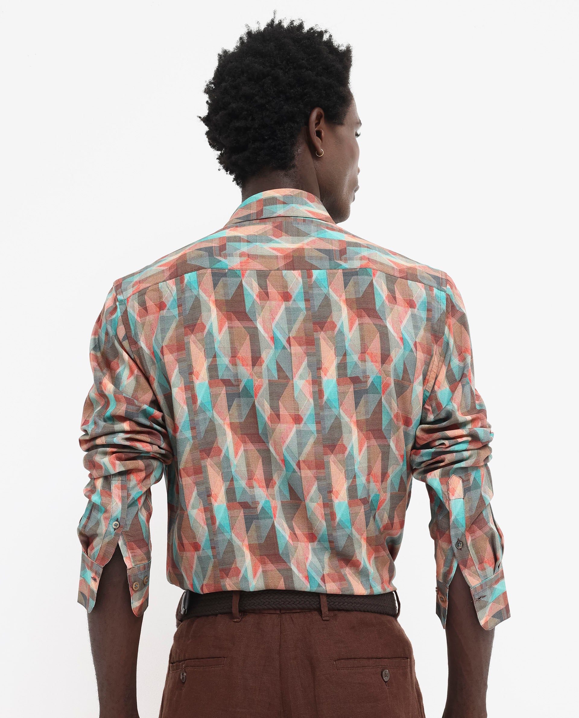 Rare Rabbit Men's Zosma Brown Viscose Fabric Full Sleeve Regular Fit Geometric Print Shirt