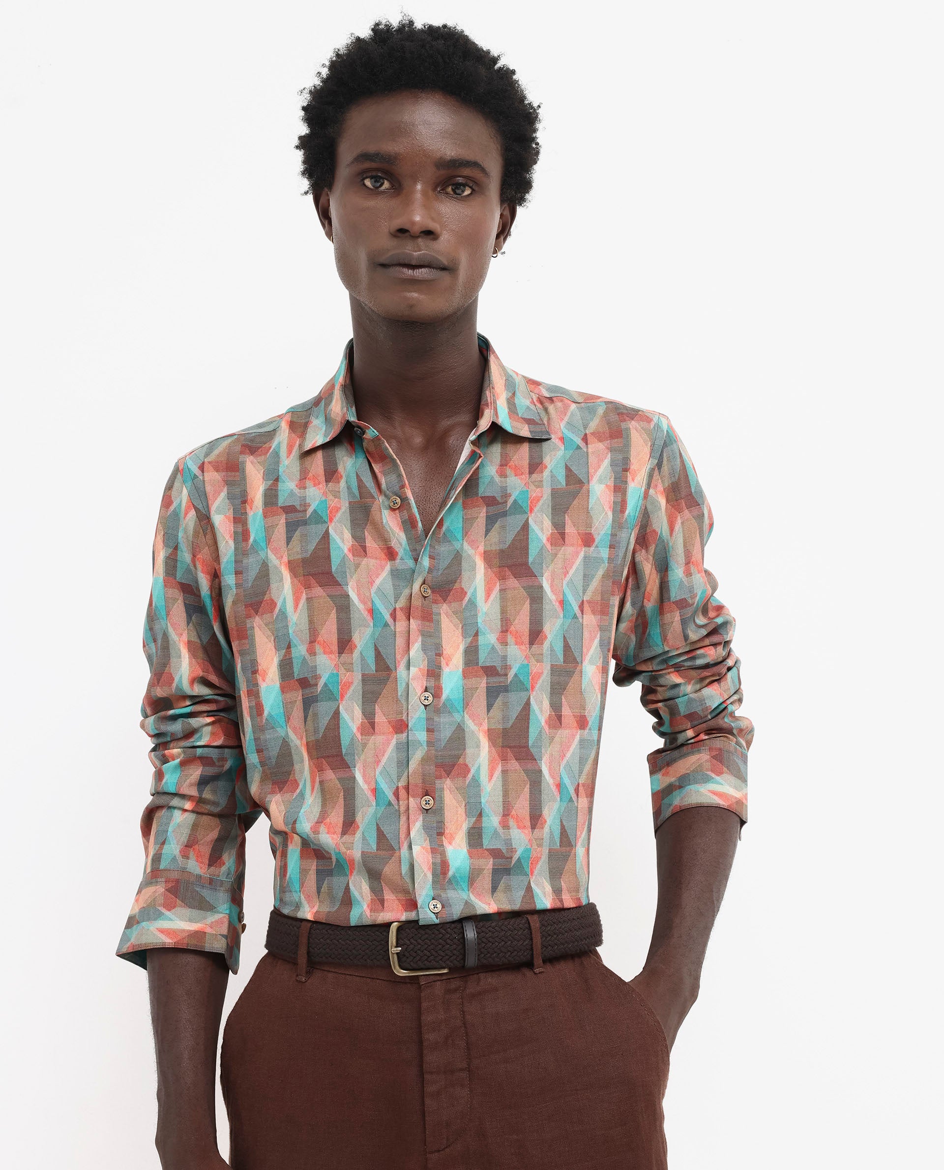 Rare Rabbit Men's Zosma Brown Viscose Fabric Full Sleeve Regular Fit Geometric Print Shirt