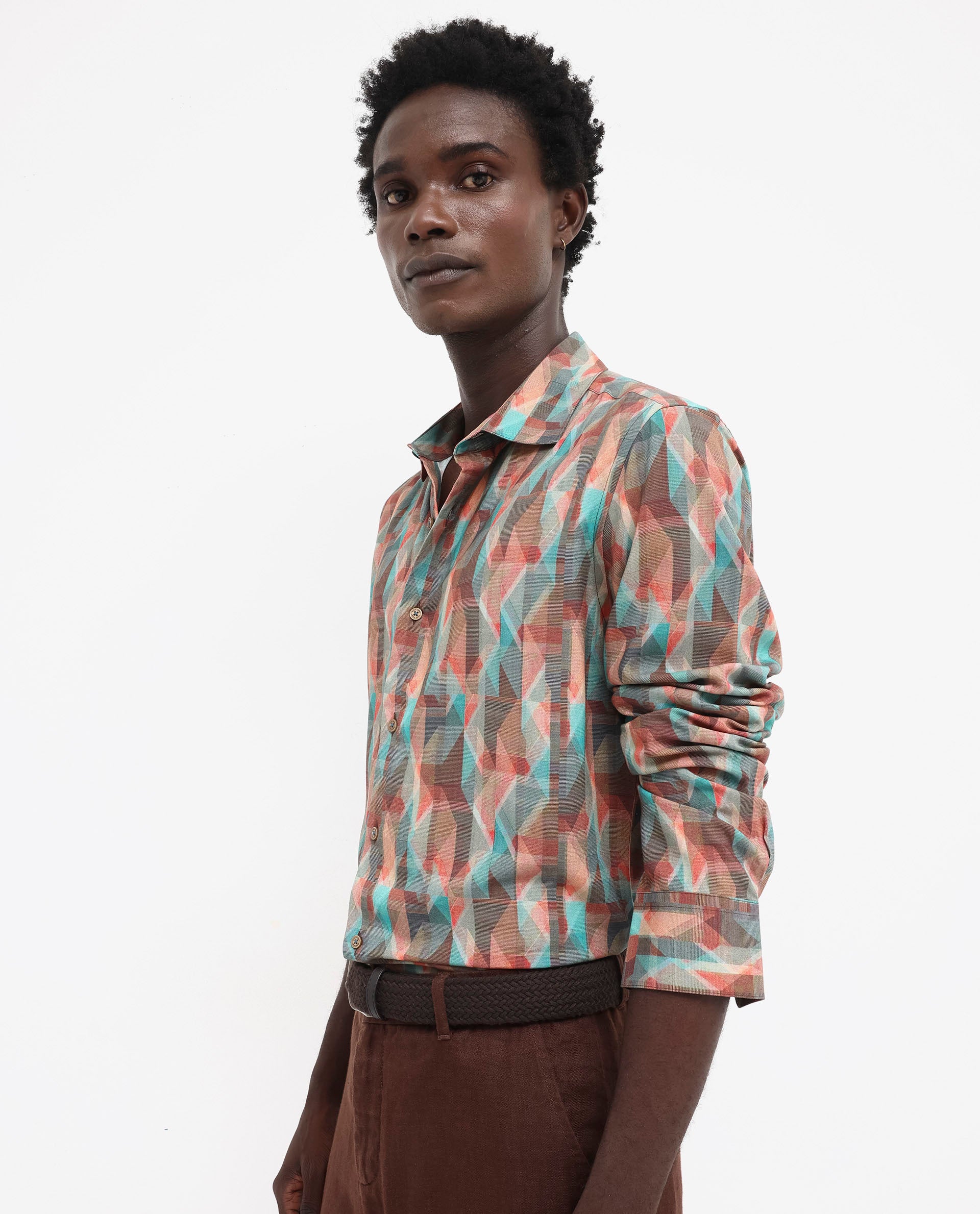 Rare Rabbit Men's Zosma Brown Viscose Fabric Full Sleeve Regular Fit Geometric Print Shirt