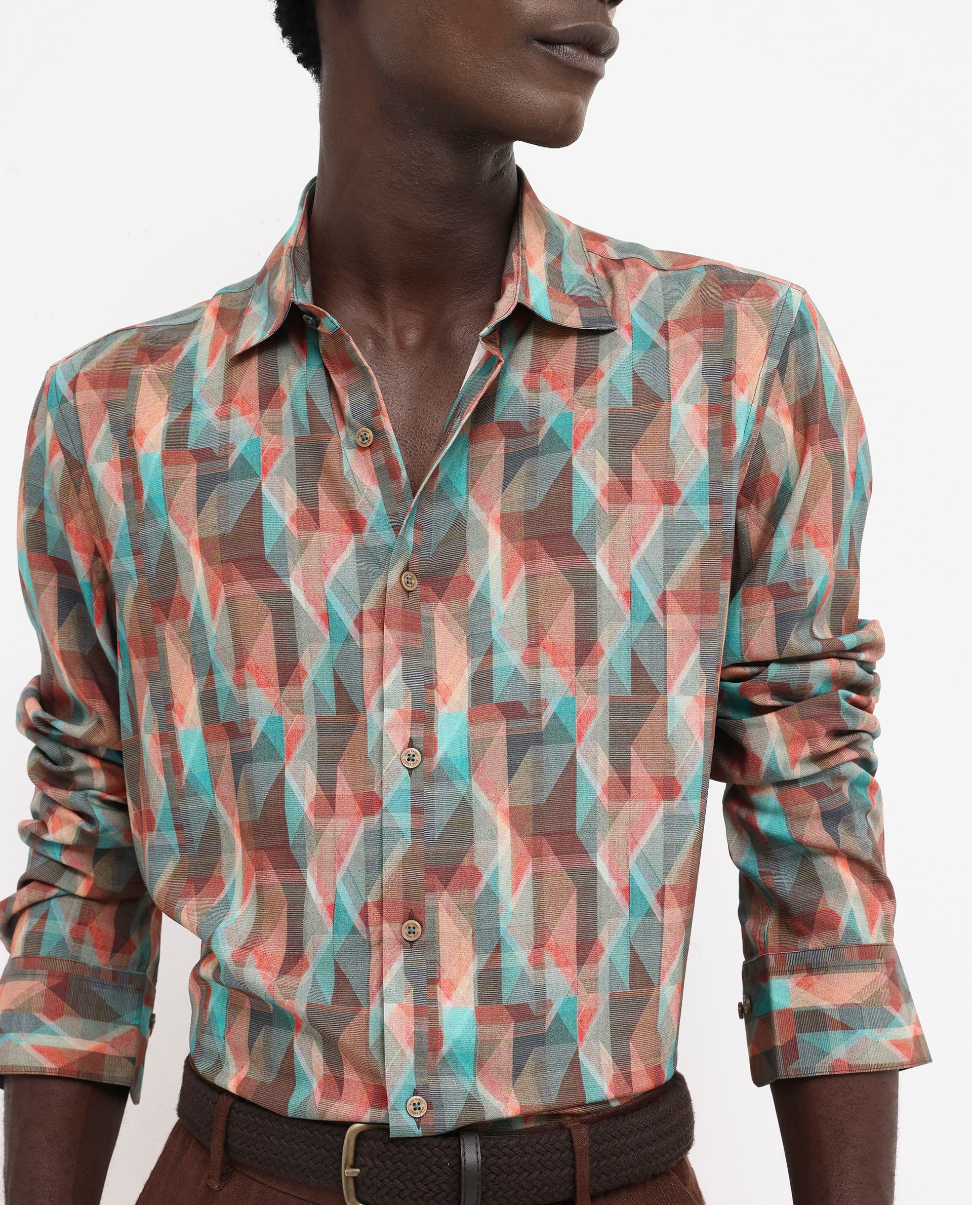 Rare Rabbit Men's Zosma Brown Viscose Fabric Full Sleeve Regular Fit Geometric Print Shirt