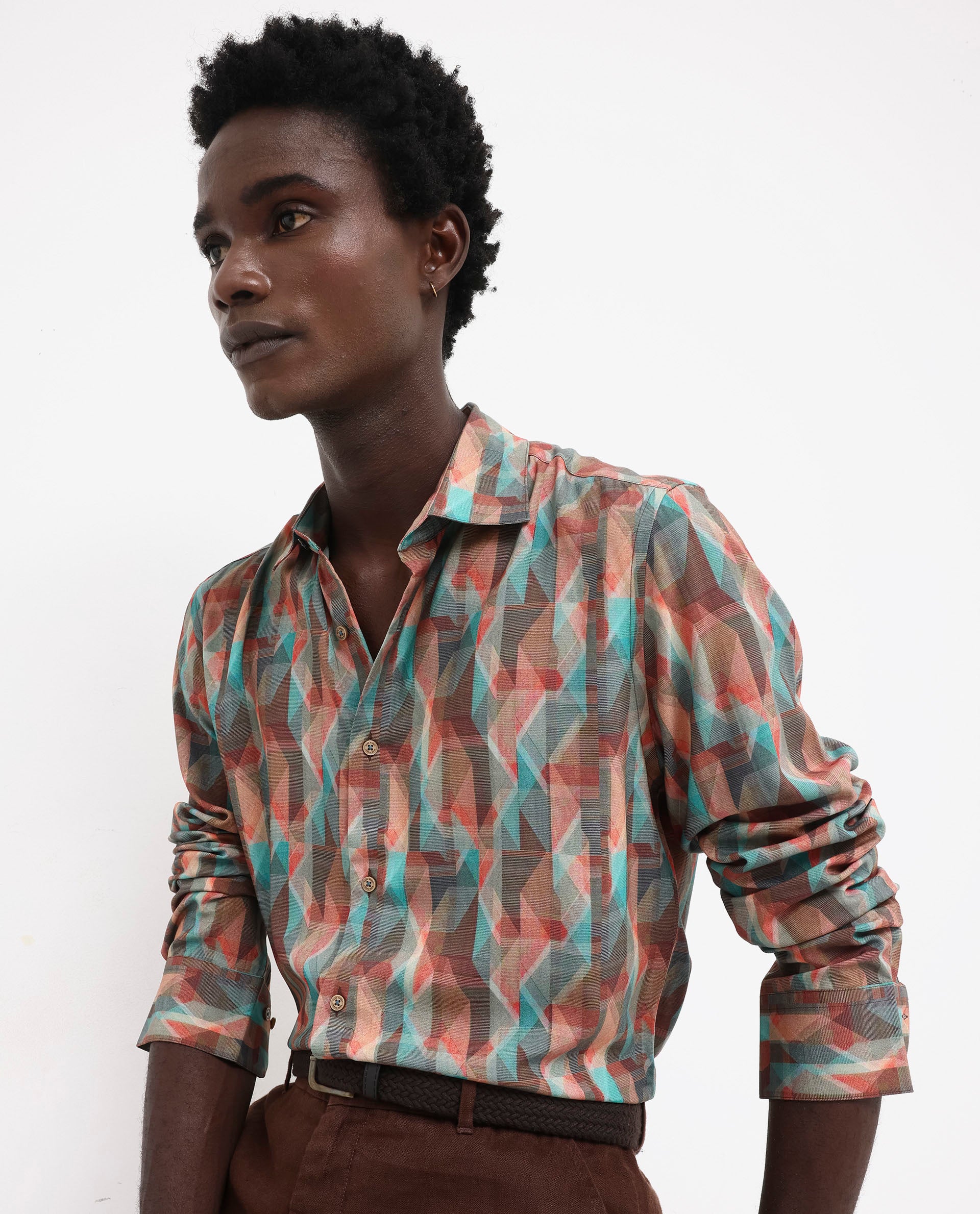 Rare Rabbit Men's Zosma Brown Viscose Fabric Full Sleeve Regular Fit Geometric Print Shirt