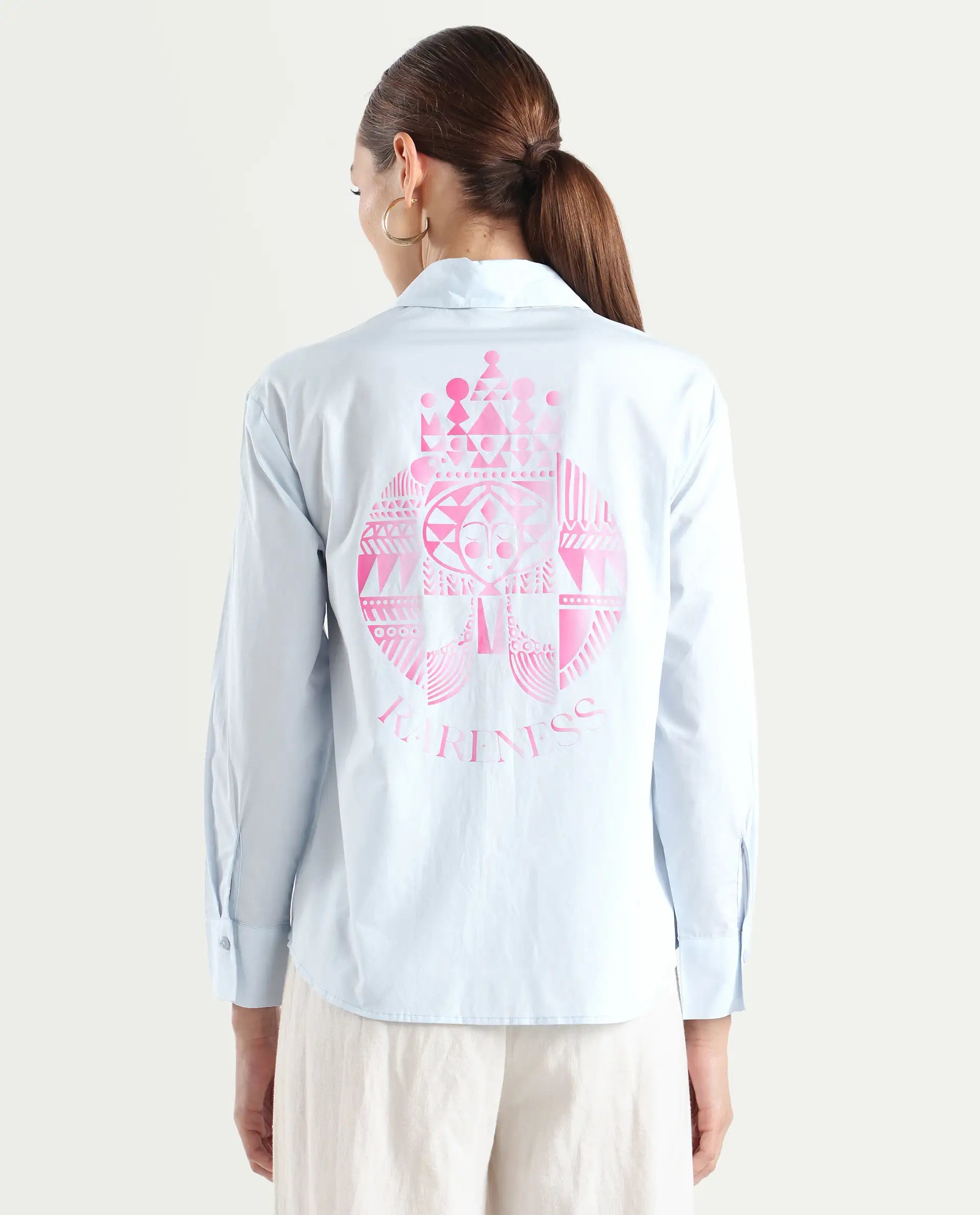 Rareism Women's Zquib Grey Cotton Spread Collar Graphic Print Cuffed Sleeve Regular Fit Shirt