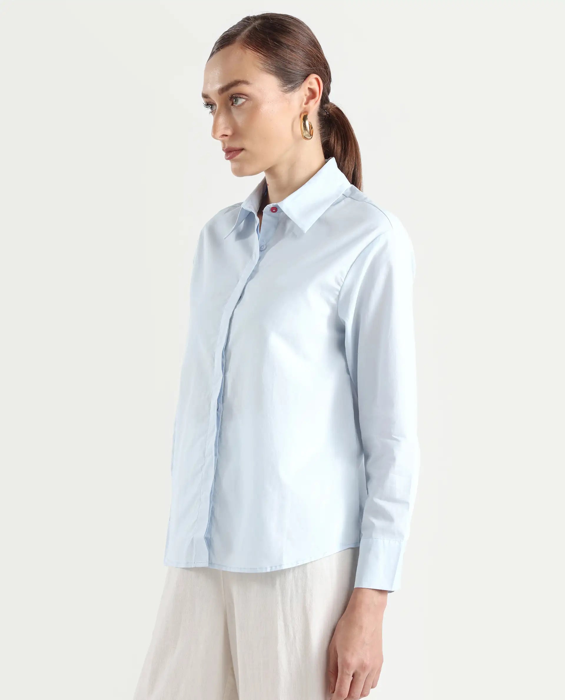 Rareism Women's Zquib Grey Cotton Spread Collar Graphic Print Cuffed Sleeve Regular Fit Shirt