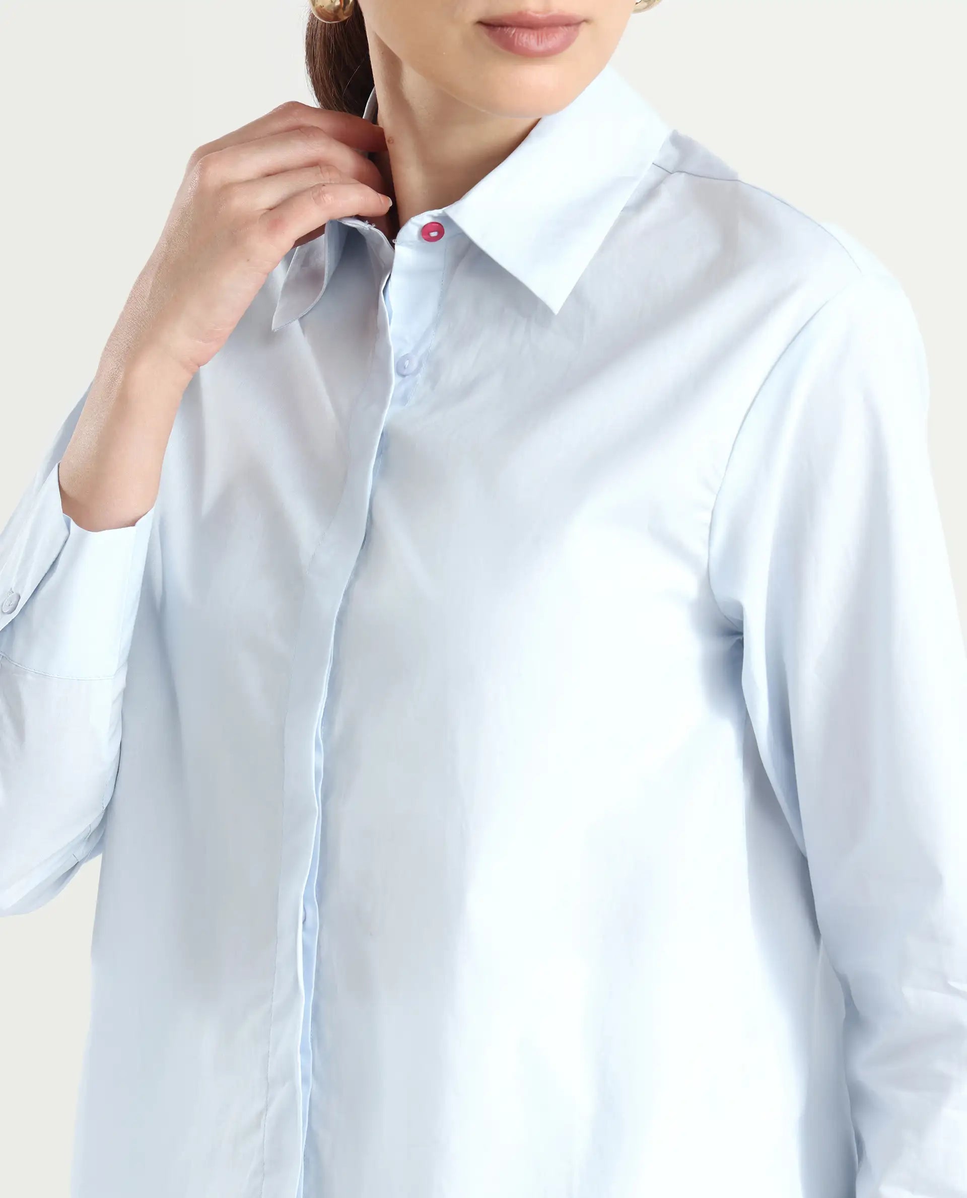 Rareism Women's Zquib Grey Cotton Spread Collar Graphic Print Cuffed Sleeve Regular Fit Shirt