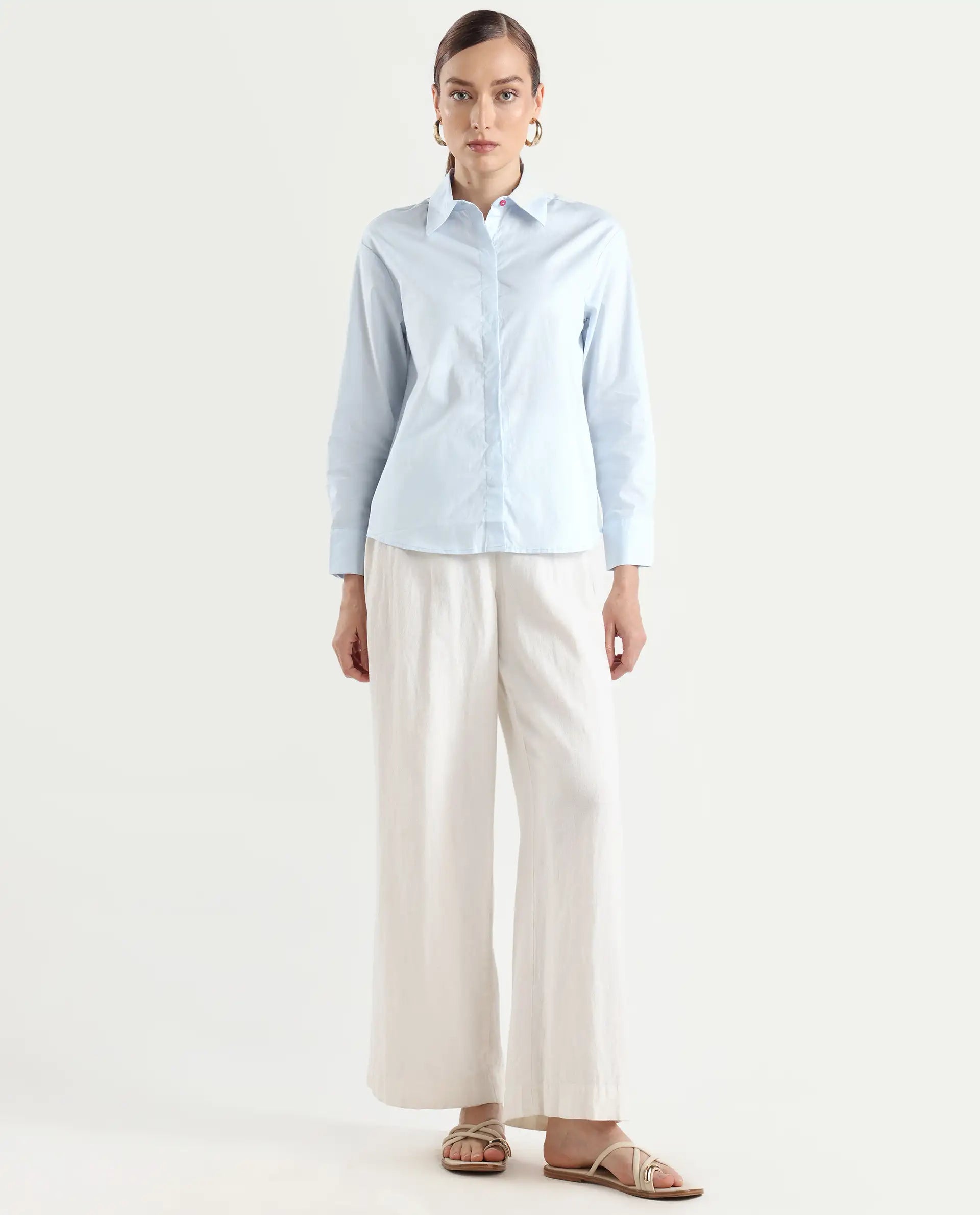 Rareism Women's Zquib Grey Cotton Spread Collar Graphic Print Cuffed Sleeve Regular Fit Shirt