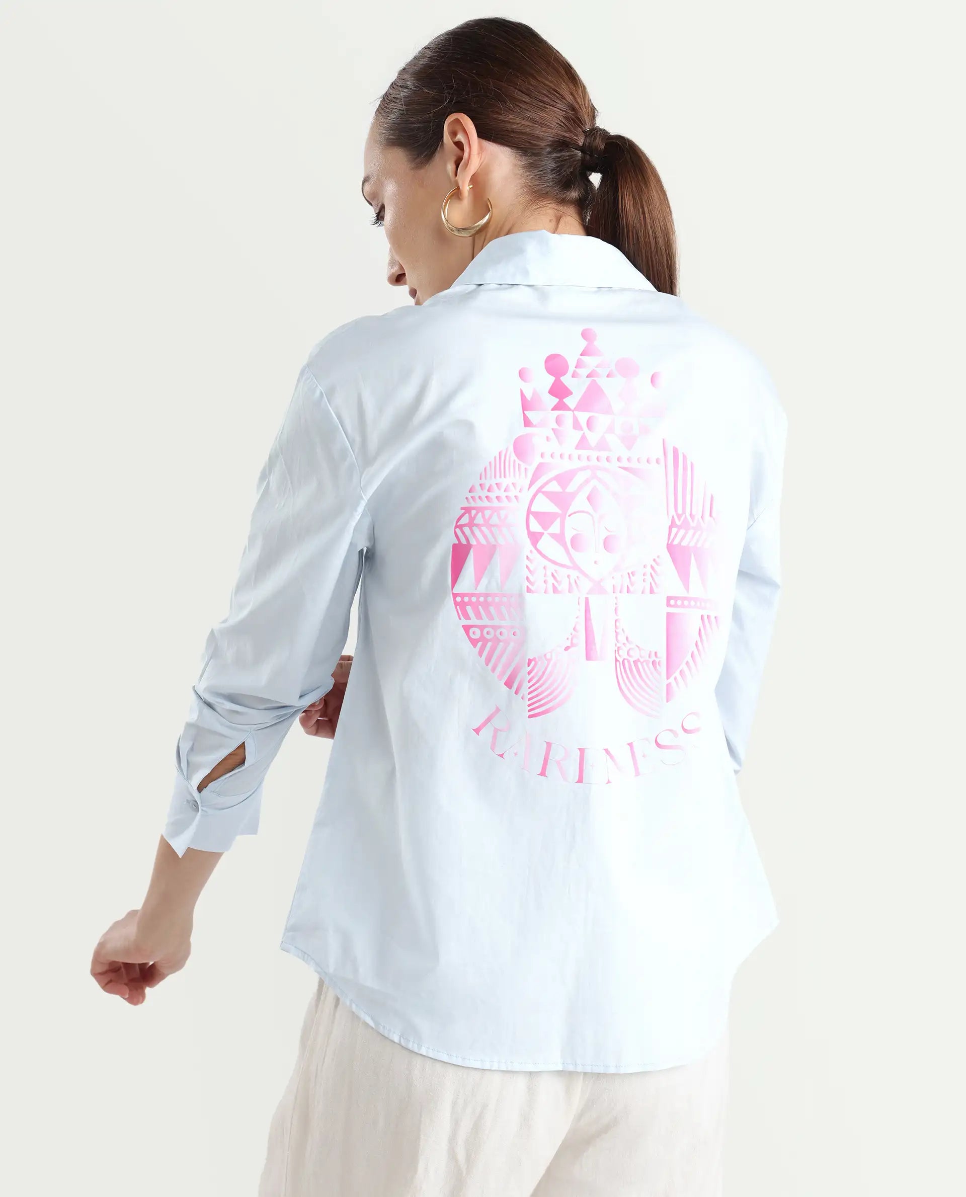 Rareism Women's Zquib Grey Cotton Spread Collar Graphic Print Cuffed Sleeve Regular Fit Shirt