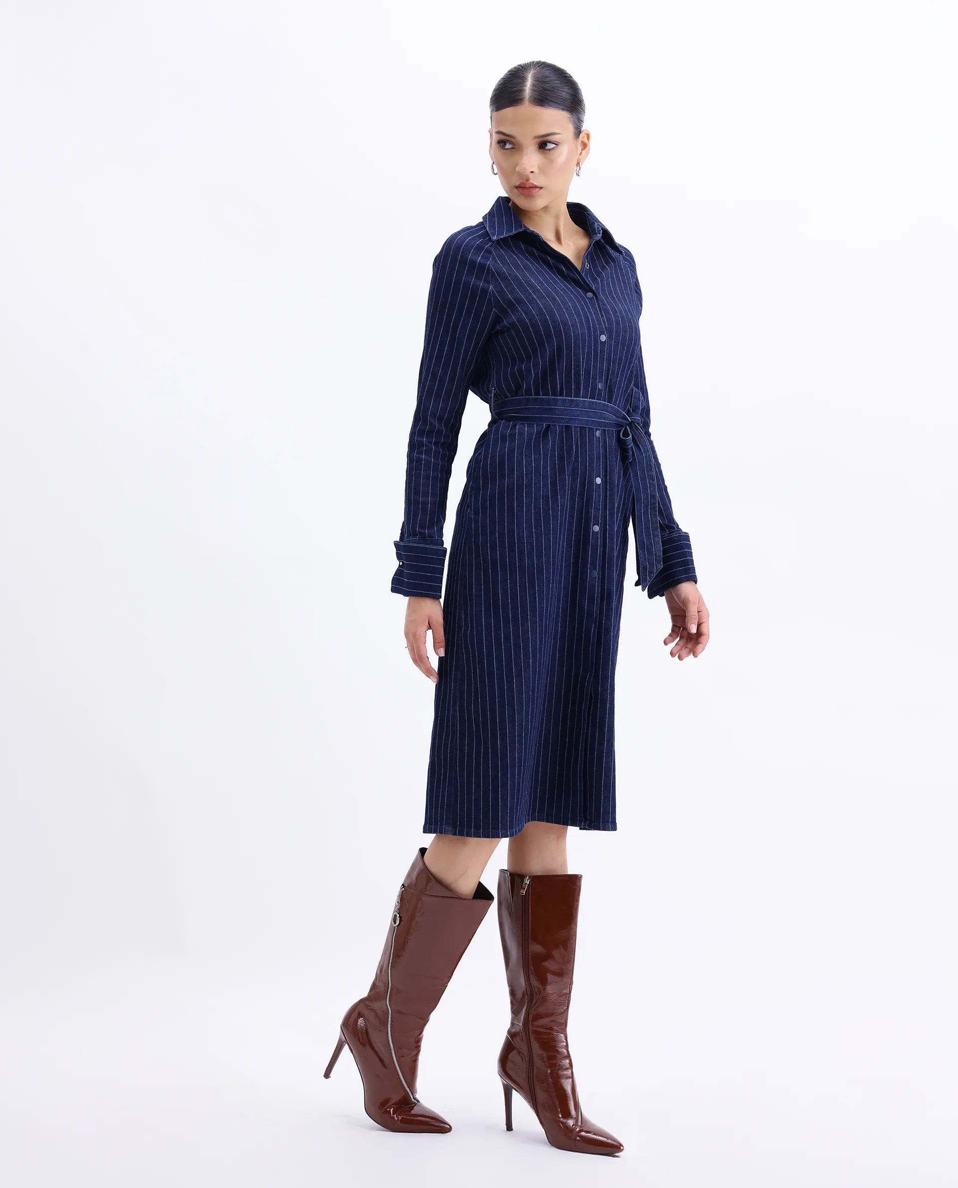 Rareism Women's Zrum Dark Blue Cotton Blend Drop Collar Striped Cuffed Sleeve Midi Boxy Fit Dress