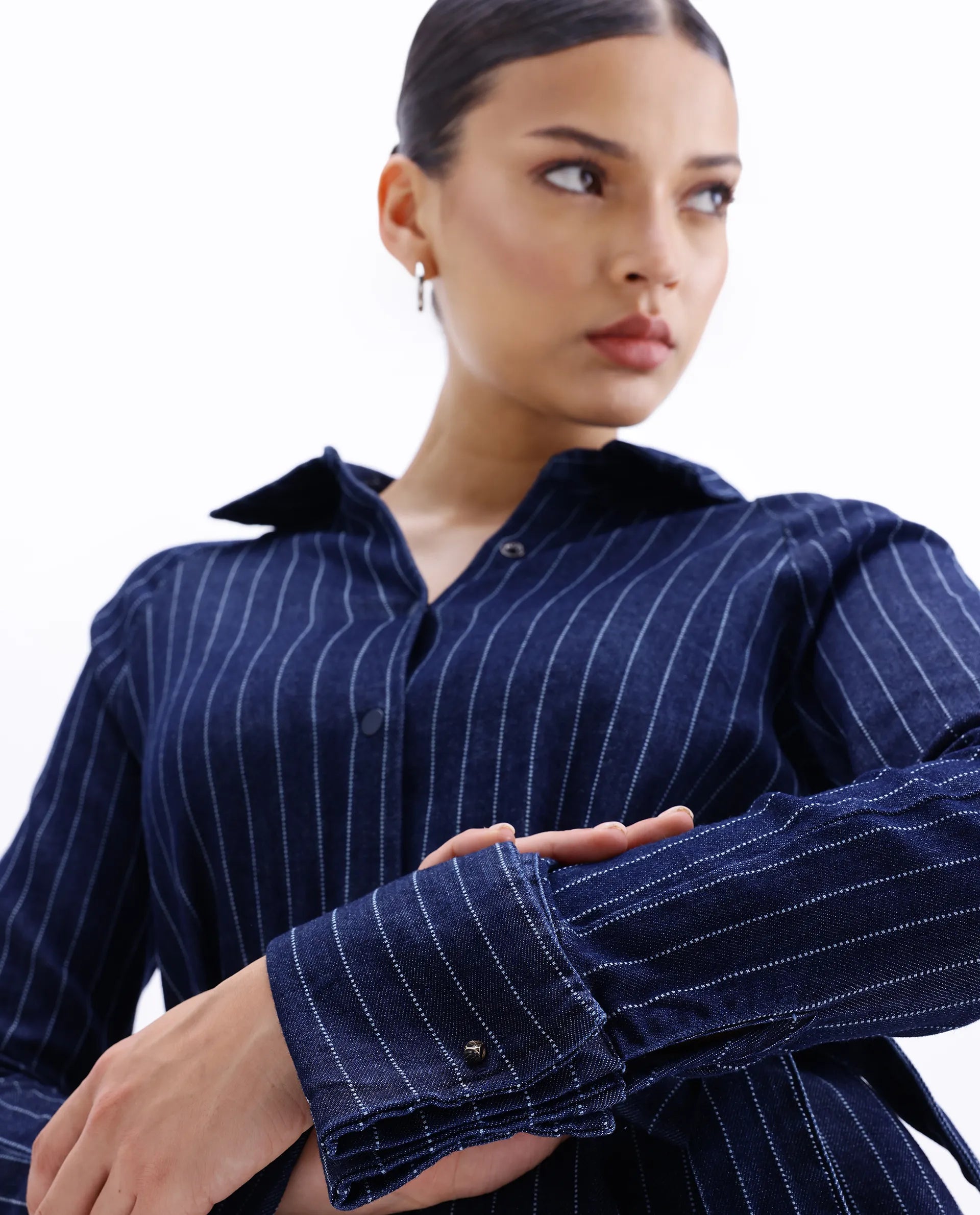 Rareism Women's Zrum Dark Blue Cotton Blend Drop Collar Striped Cuffed Sleeve Midi Boxy Fit Dress