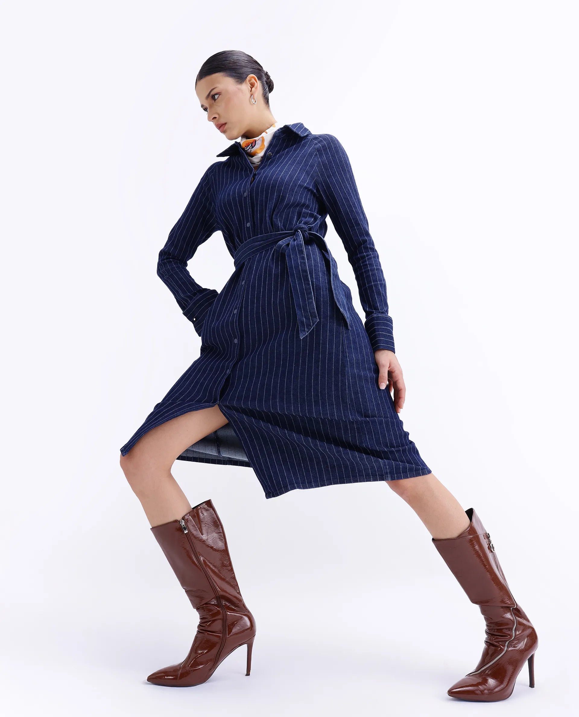 Rareism Women's Zrum Dark Blue Cotton Blend Drop Collar Striped Cuffed Sleeve Midi Boxy Fit Dress