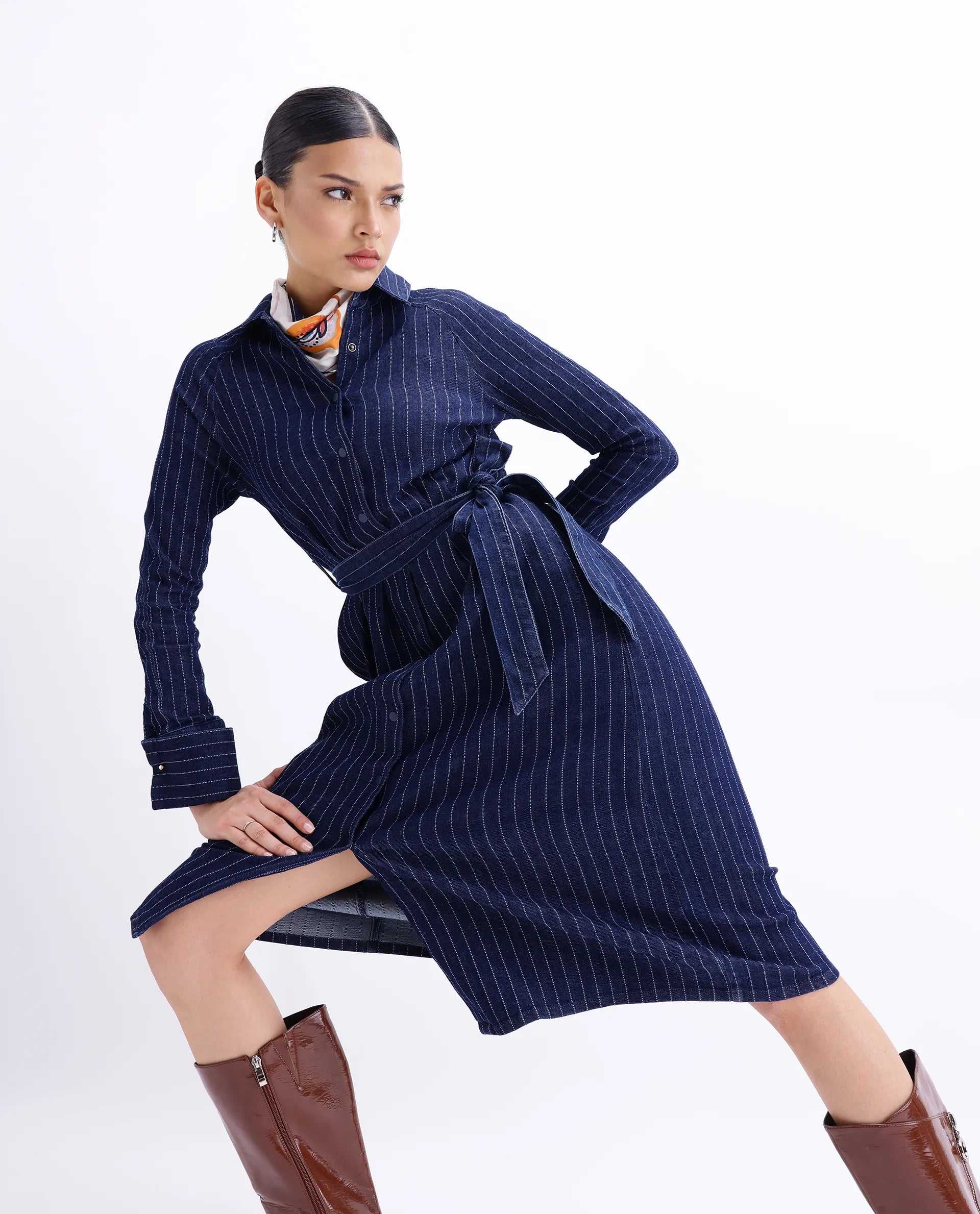 Rareism Women's Zrum Dark Blue Cotton Blend Drop Collar Striped Cuffed Sleeve Midi Boxy Fit Dress