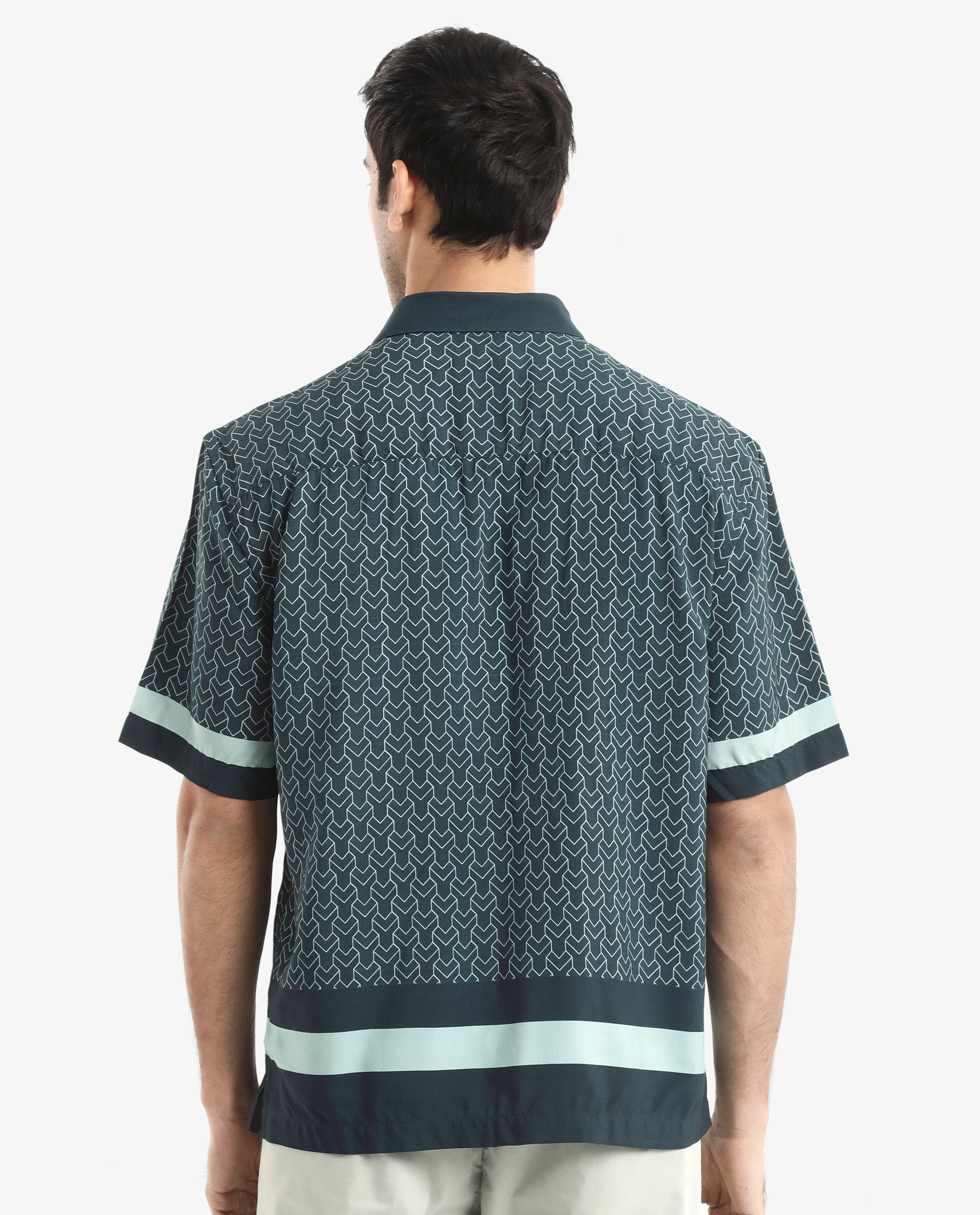 Rare Rabbit Men's Zubi Dark Green Viscose Fabric Short Sleeve Boxy Fit Monogram Print Shirt