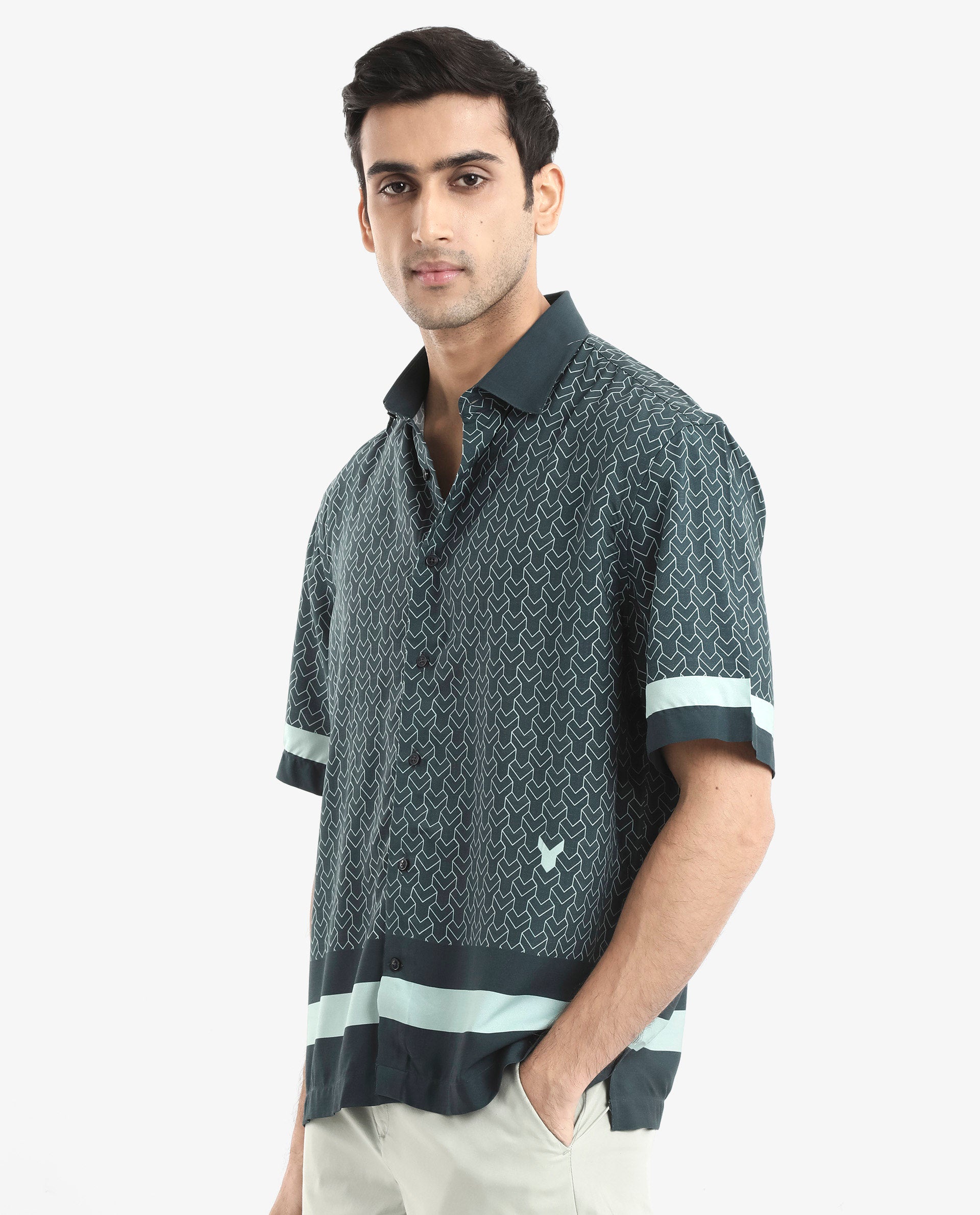 Rare Rabbit Men's Zubi Dark Green Viscose Fabric Short Sleeve Boxy Fit Monogram Print Shirt