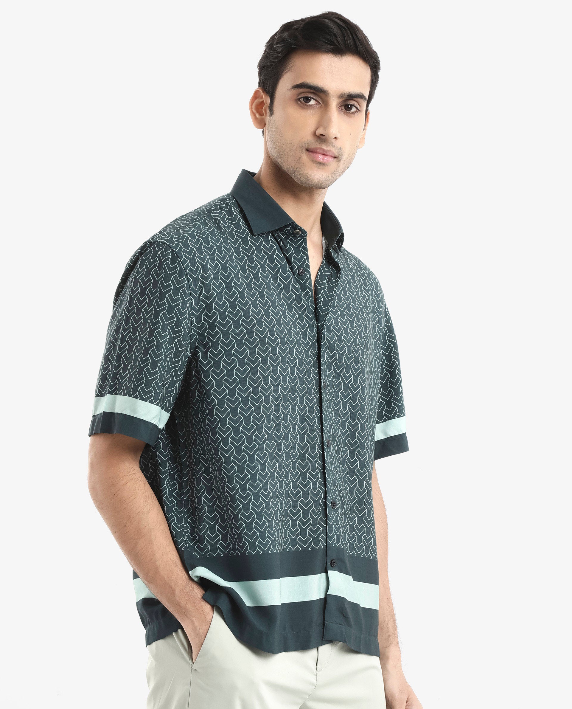 Rare Rabbit Men's Zubi Dark Green Viscose Fabric Short Sleeve Boxy Fit Monogram Print Shirt