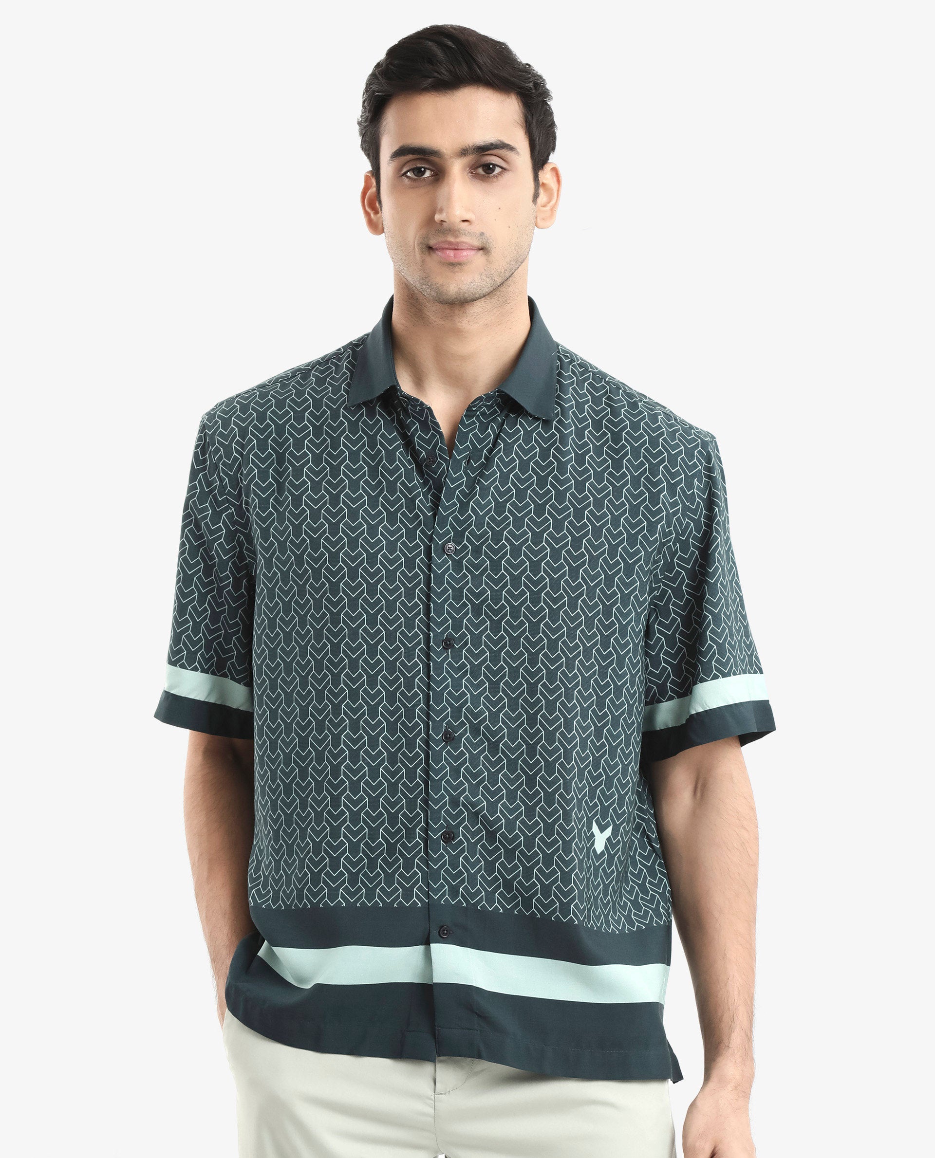 Rare Rabbit Men's Zubi Dark Green Viscose Fabric Short Sleeve Boxy Fit Monogram Print Shirt