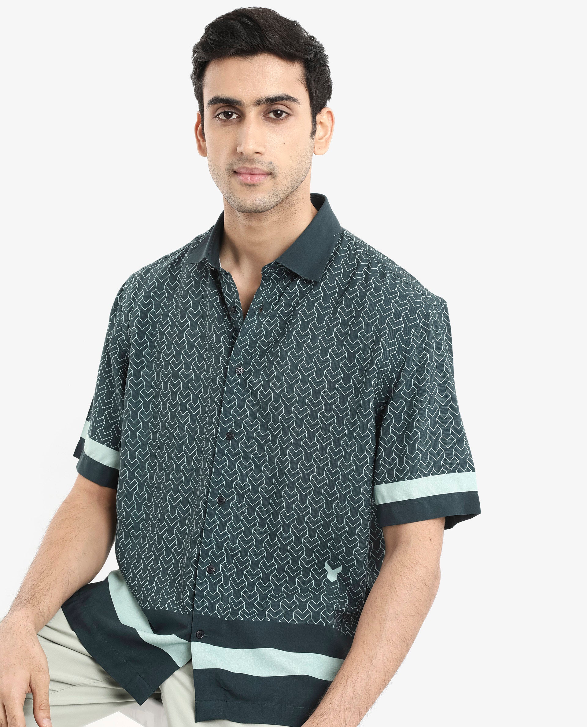 Rare Rabbit Men's Zubi Dark Green Viscose Fabric Short Sleeve Boxy Fit Monogram Print Shirt