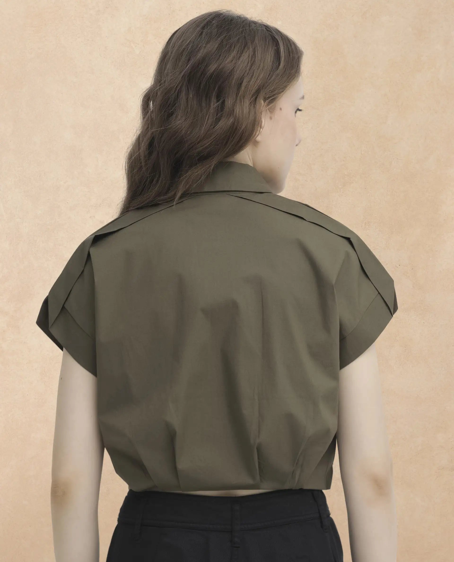 Rareism Women Zuckery Olive Cotton Polyester Fabric Short Sleeves Zip Closure Collared Neck Extended Sleeve Regular Fit Plain Cropped Top