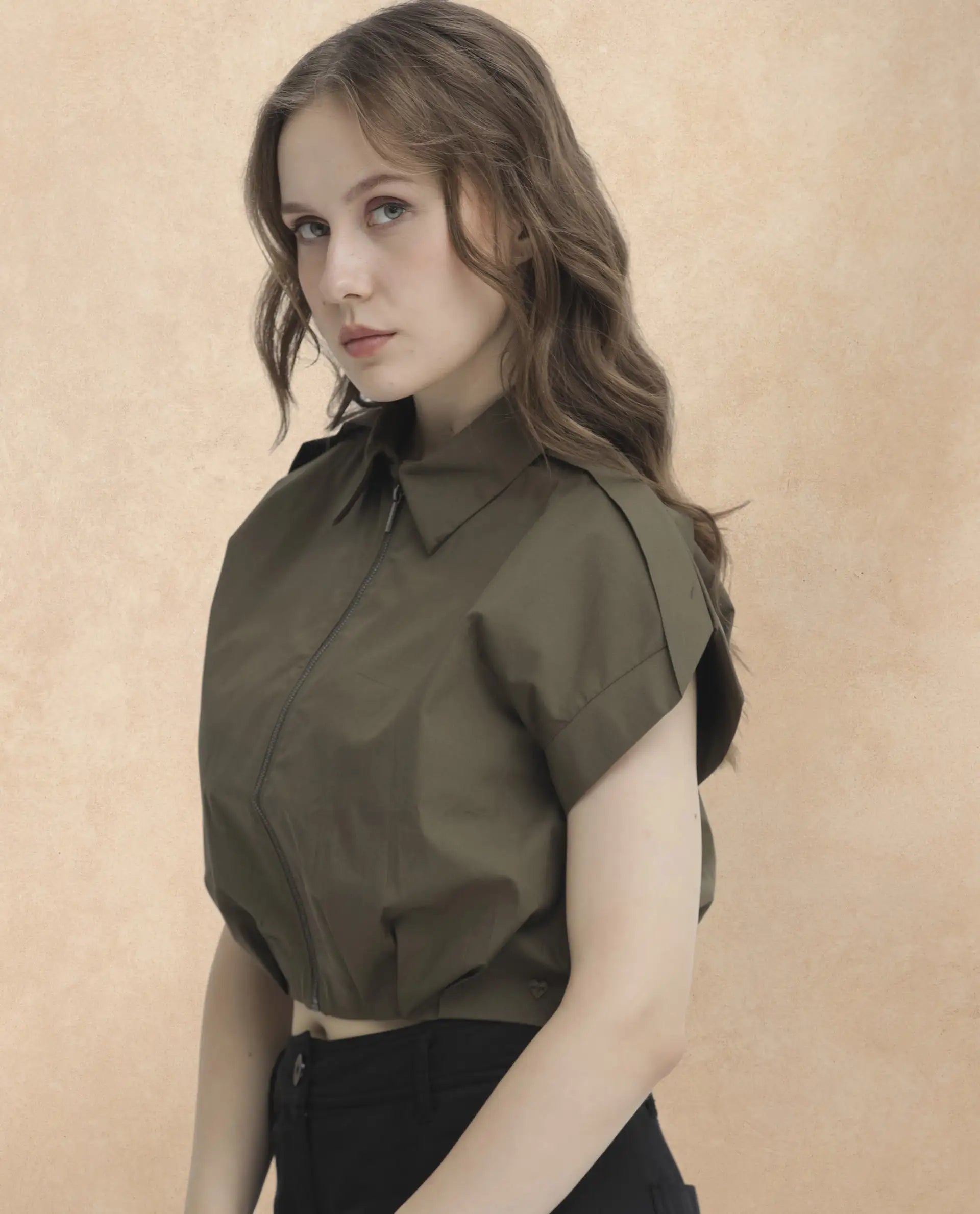 Rareism Women Zuckery Olive Cotton Polyester Fabric Short Sleeves Zip Closure Collared Neck Extended Sleeve Regular Fit Plain Cropped Top