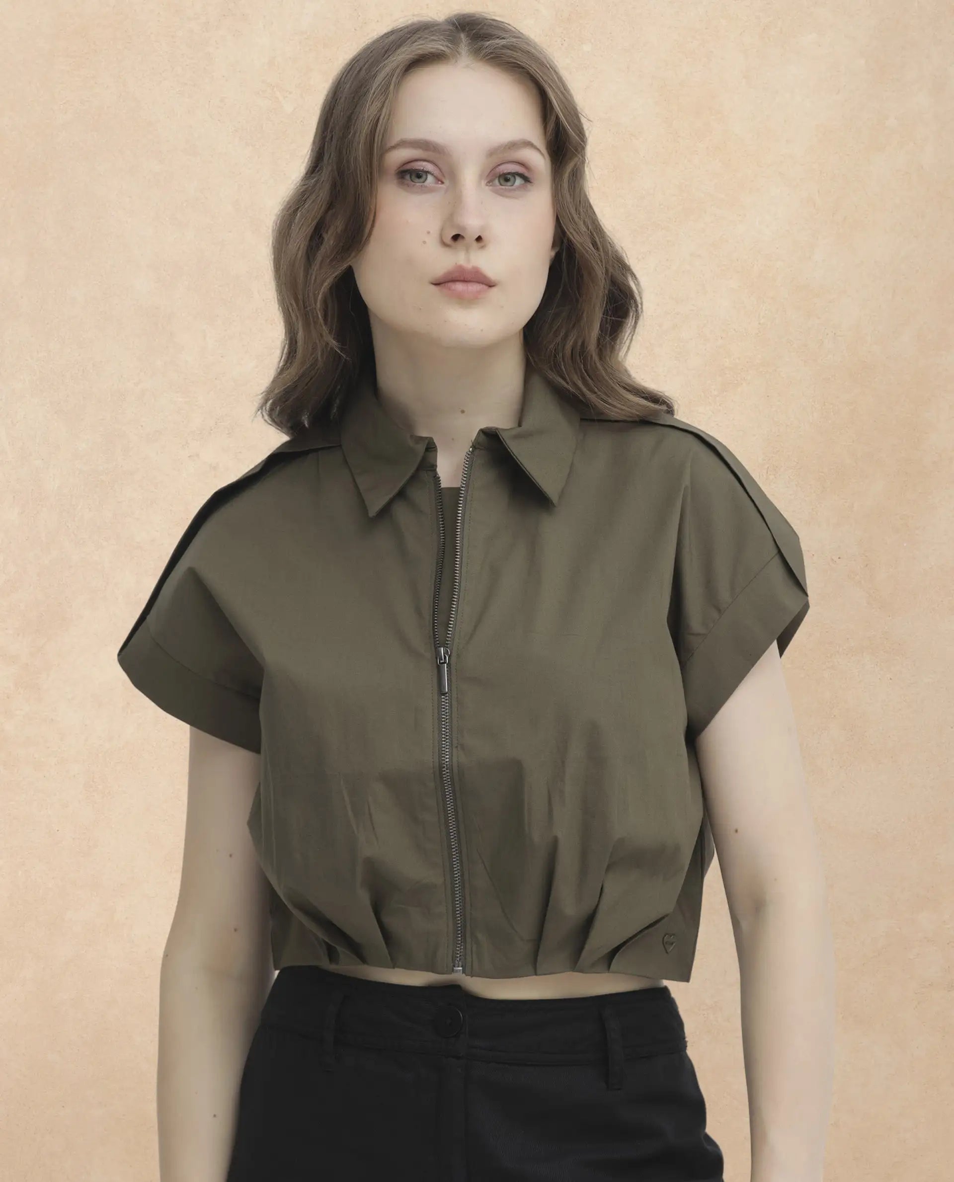 Rareism Women Zuckery Olive Cotton Polyester Fabric Short Sleeves Zip Closure Collared Neck Extended Sleeve Regular Fit Plain Cropped Top
