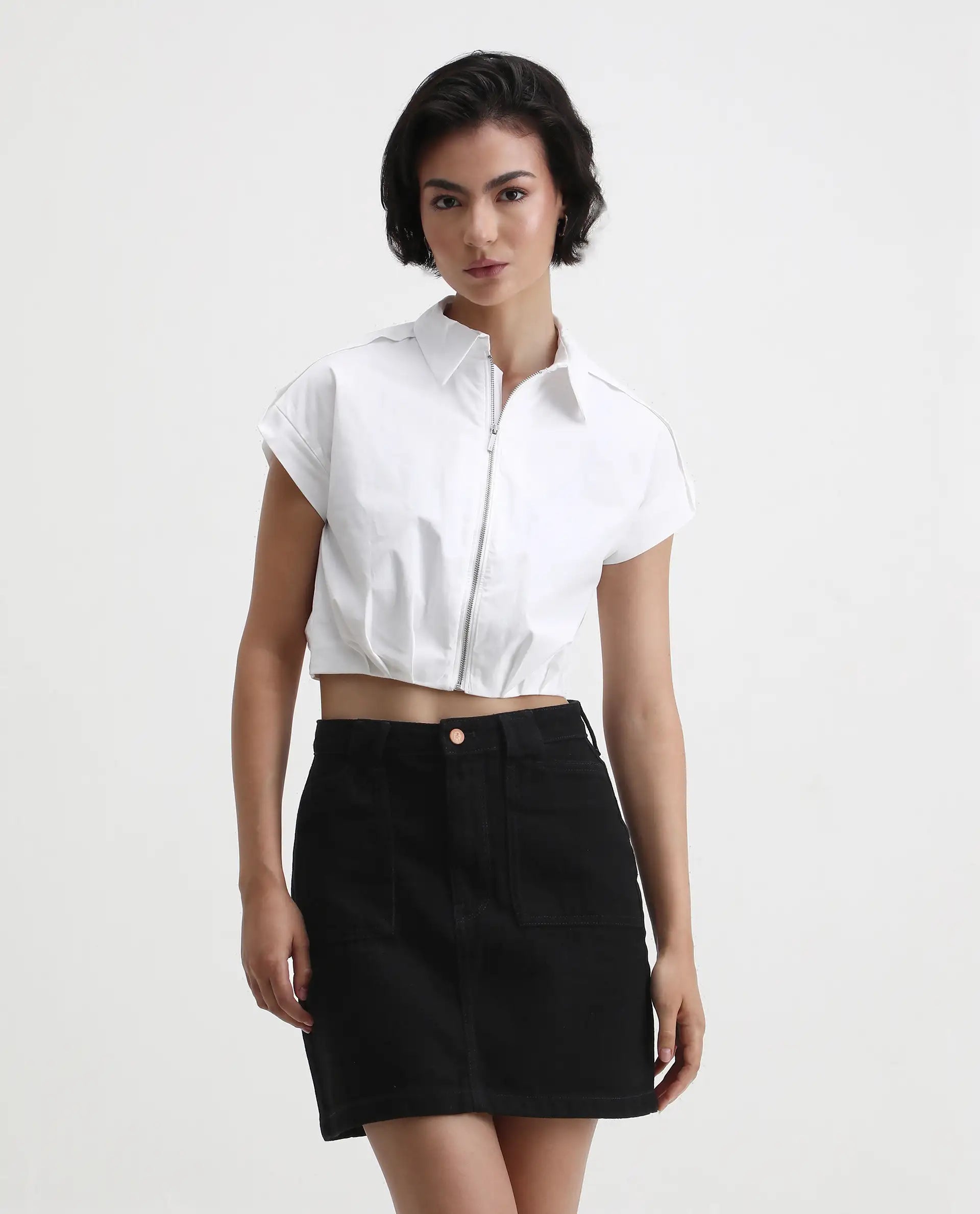 Rareism Women's Zuckery White Cotton Blend Drop Collar Plain Extended Sleeves Crop Regular Fit Top