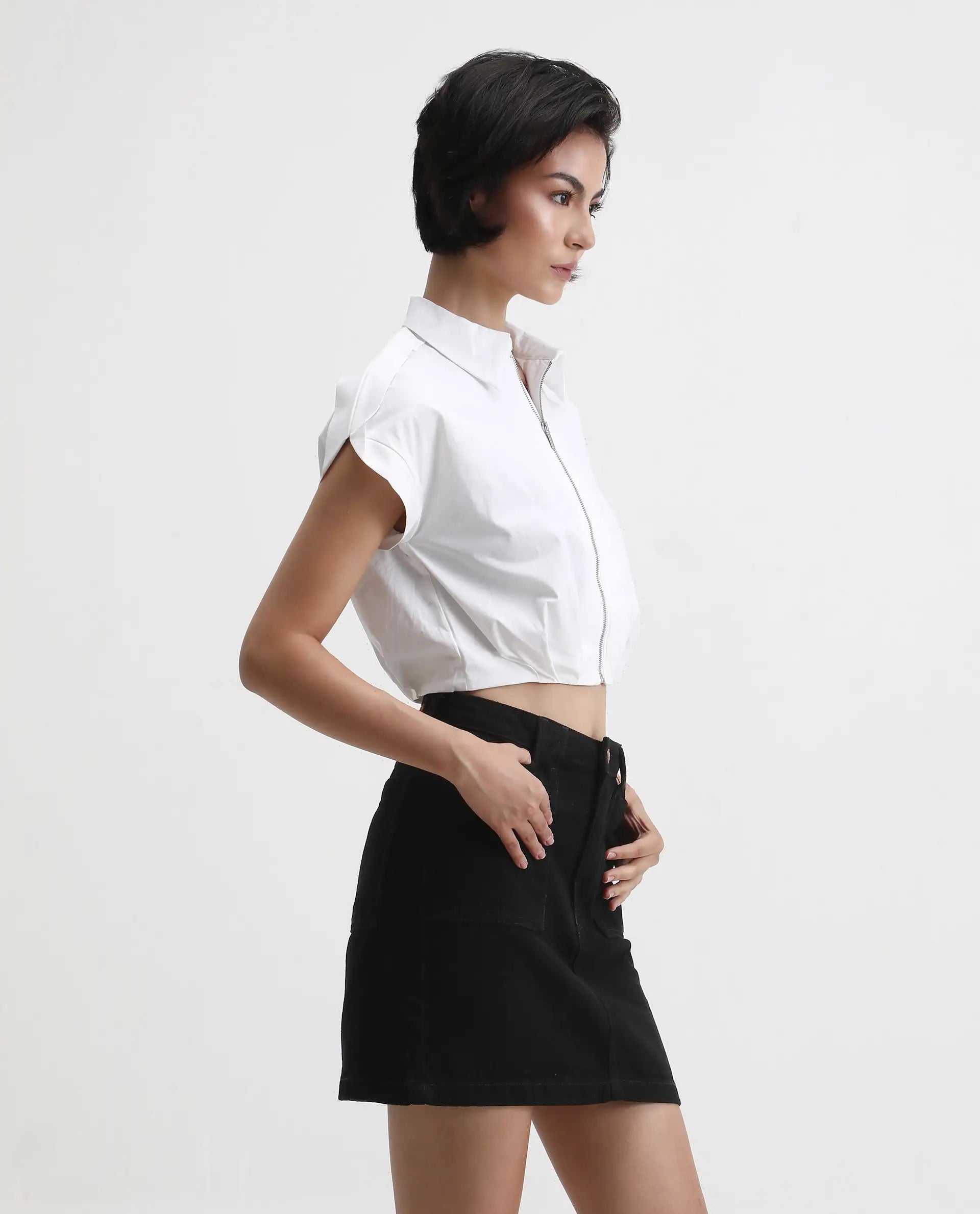 Rareism Women's Zuckery White Cotton Blend Drop Collar Plain Extended Sleeves Crop Regular Fit Top