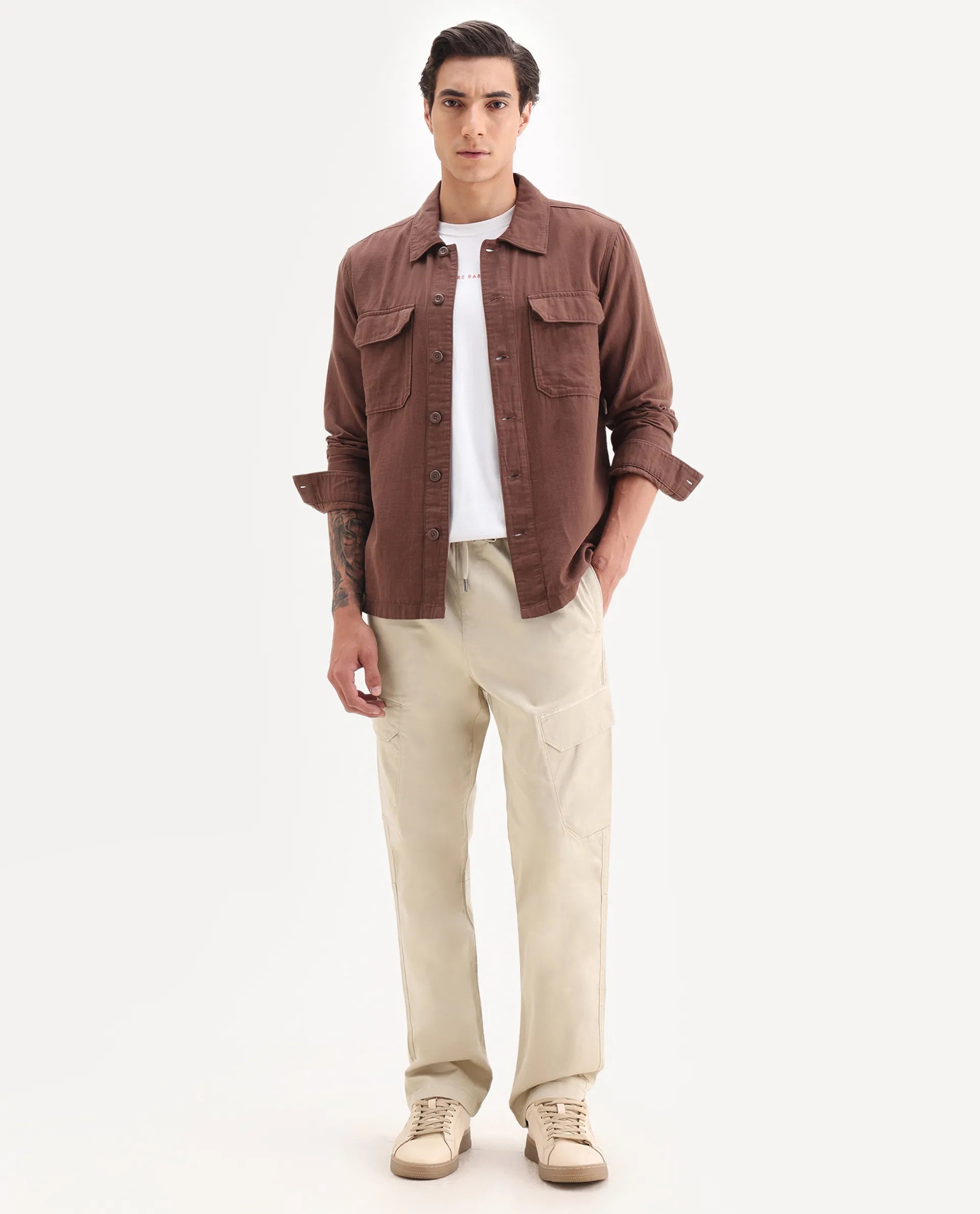 Rare Rabbit Men's Zudi Beige Cotton Plain Regular Fit Trouser