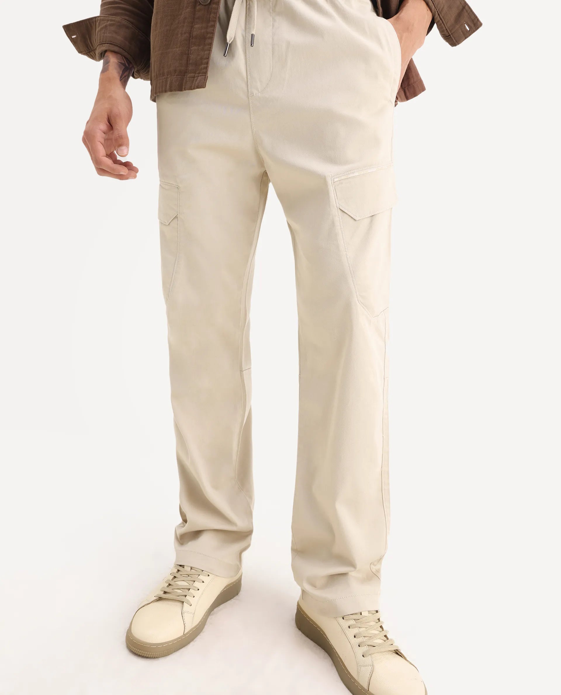 Rare Rabbit Men's Zudi Beige Cotton Plain Regular Fit Trouser