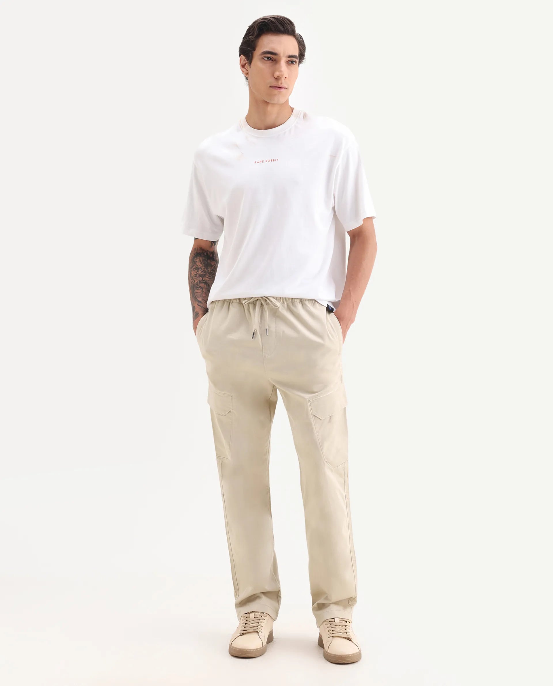 Rare Rabbit Men's Zudi Beige Cotton Plain Regular Fit Trouser