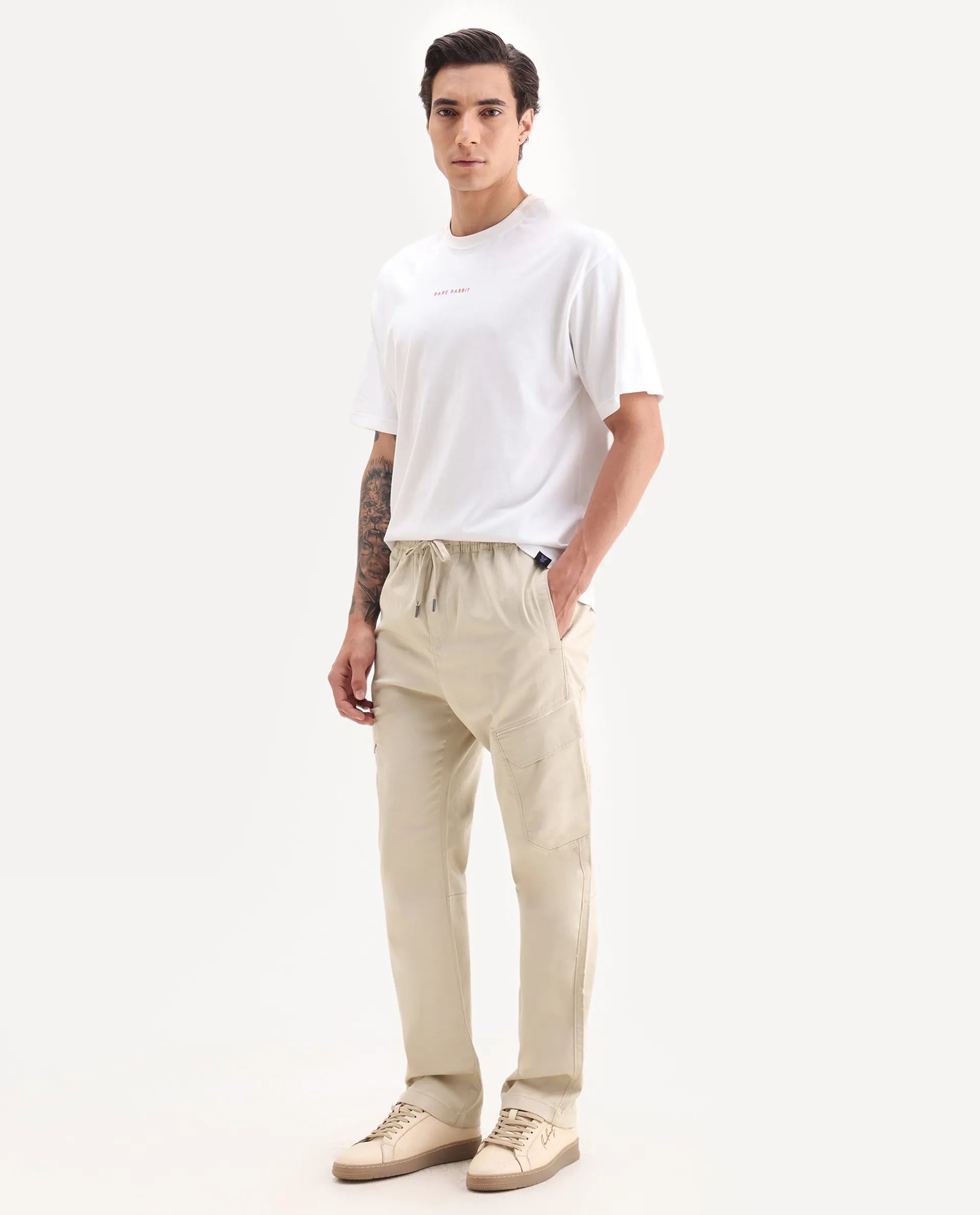 Rare Rabbit Men's Zudi Beige Cotton Plain Regular Fit Trouser