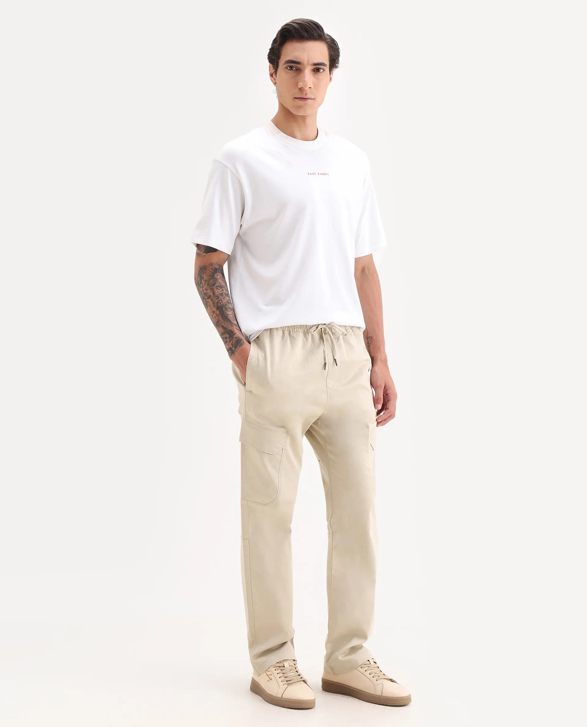 Rare Rabbit Men's Zudi Beige Cotton Plain Regular Fit Trouser