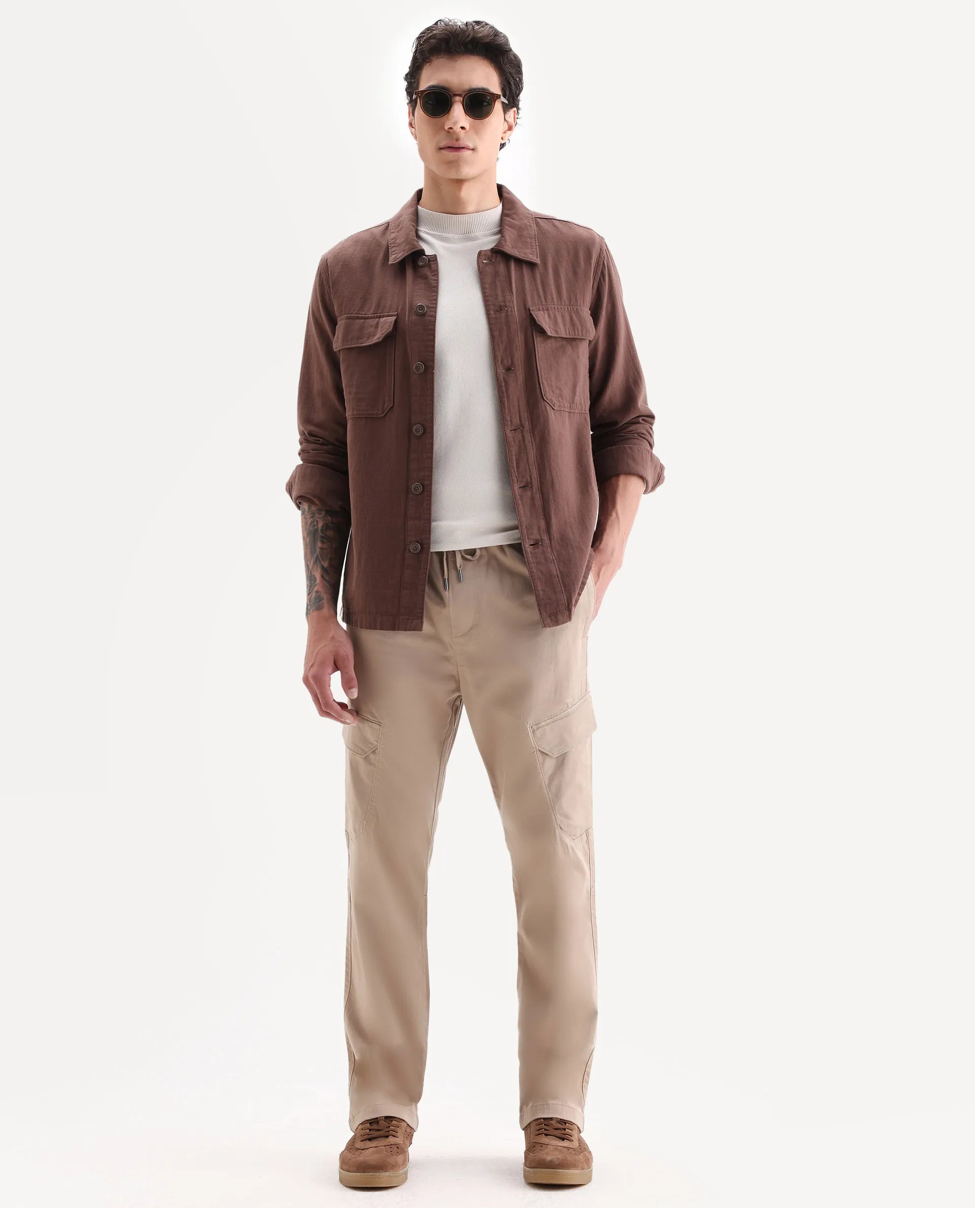 Rare Rabbit Men's Zudi Light Brown Cotton Plain Regular Fit Trouser