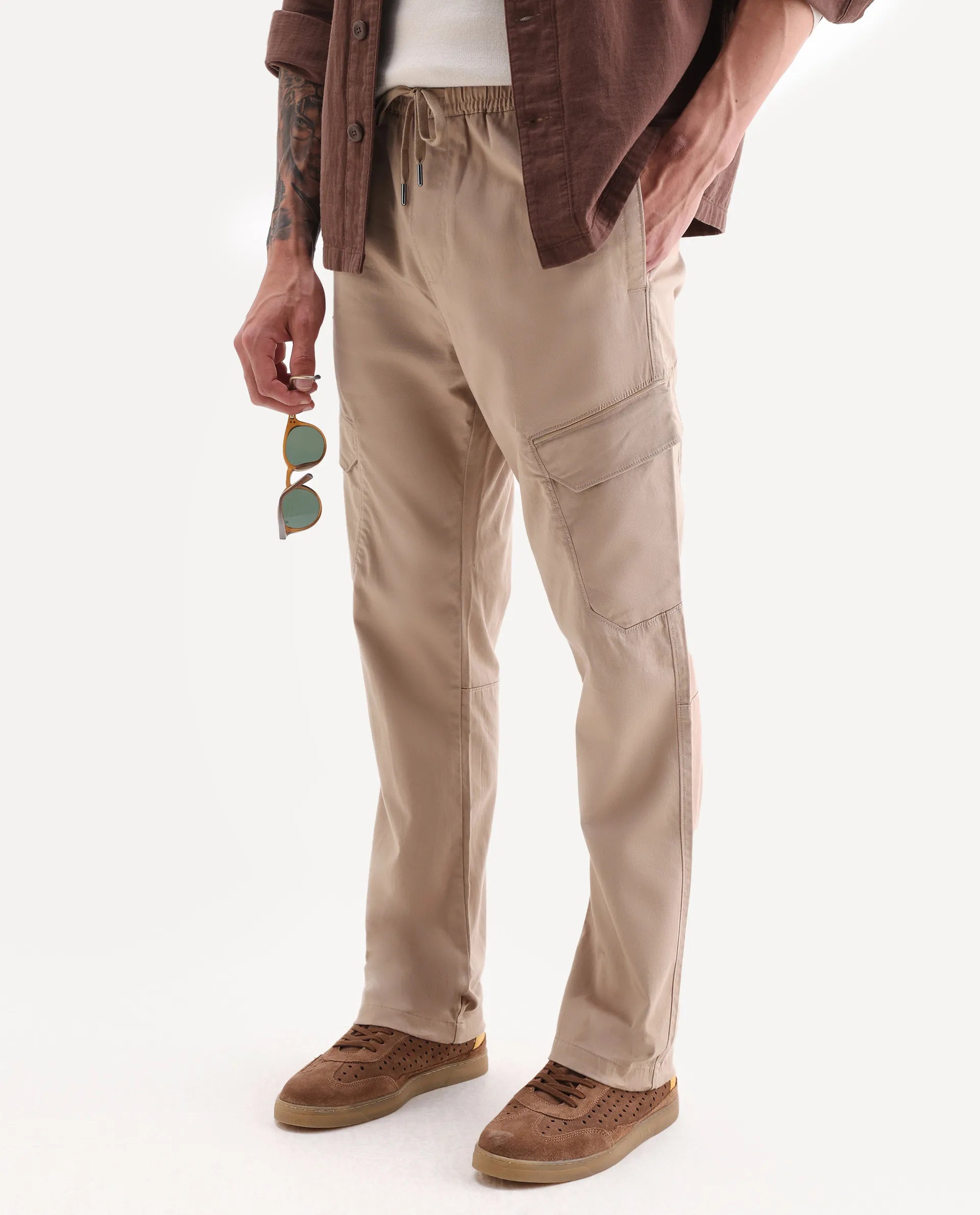 Rare Rabbit Men's Zudi Light Brown Cotton Plain Regular Fit Trouser