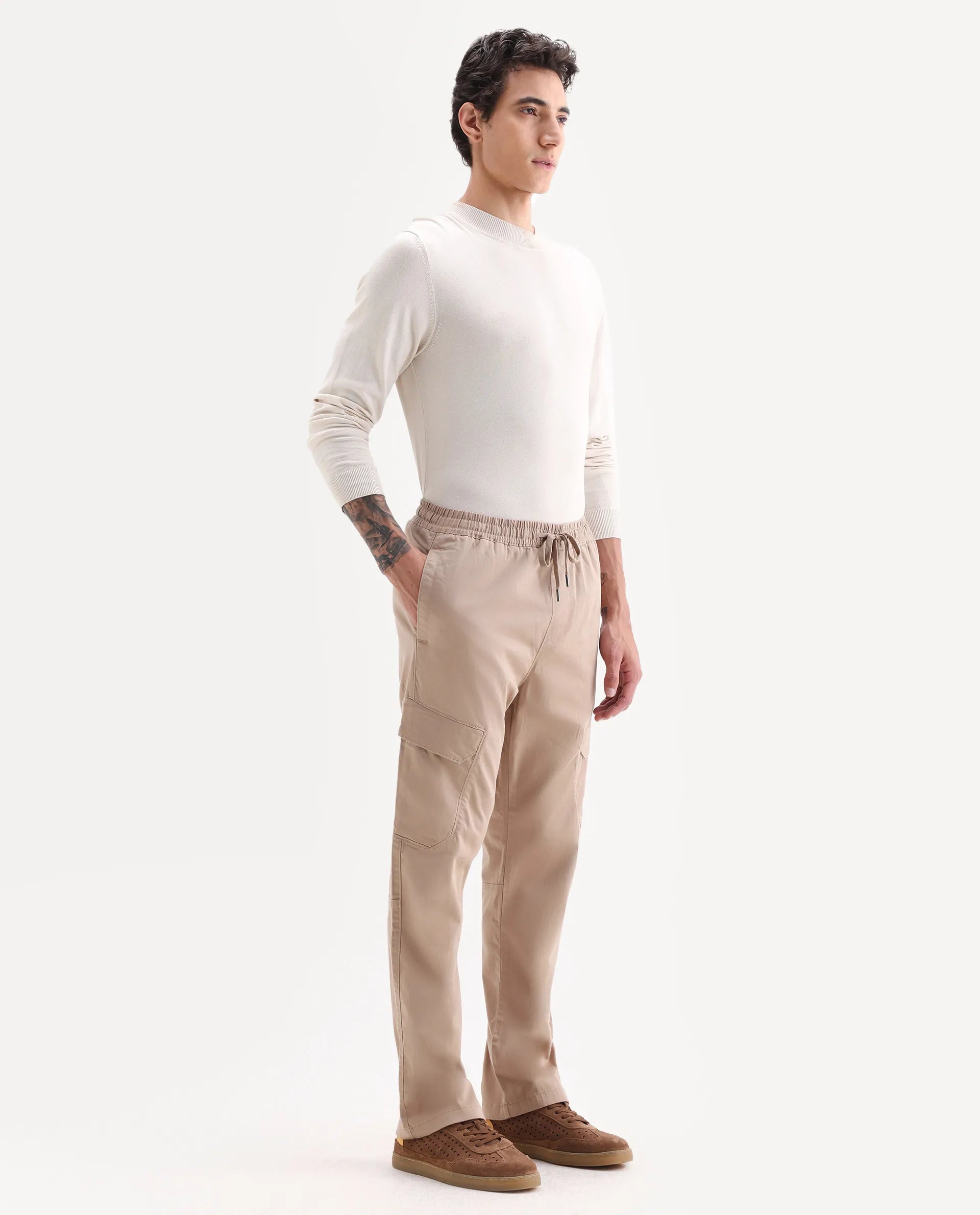 Rare Rabbit Men's Zudi Light Brown Cotton Plain Regular Fit Trouser