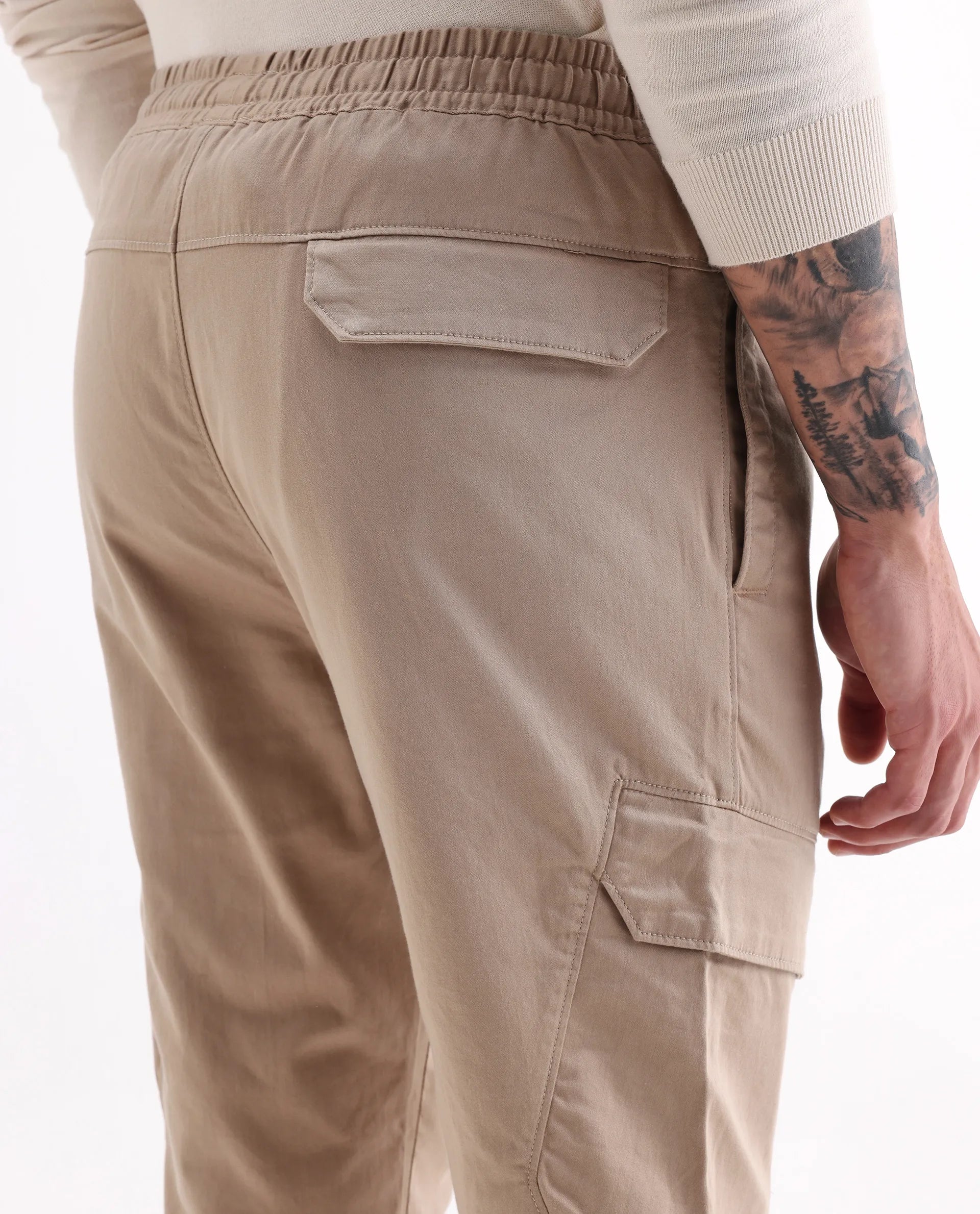 Rare Rabbit Men's Zudi Light Brown Cotton Plain Regular Fit Trouser