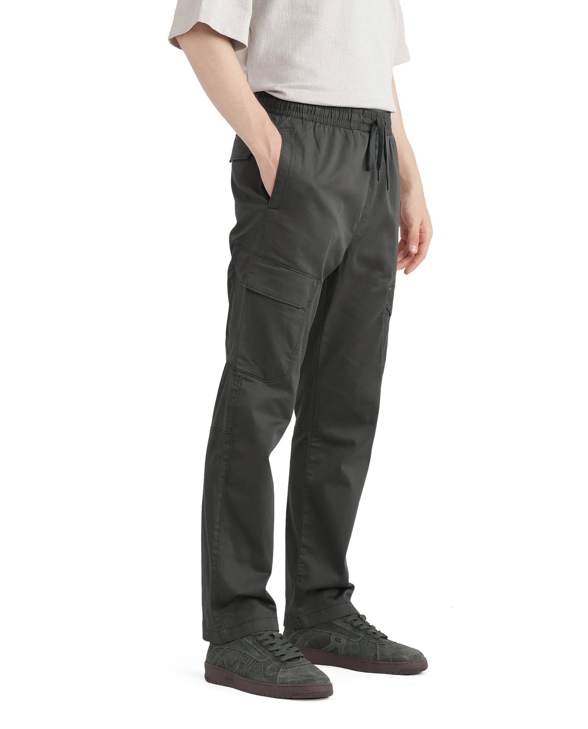 Rare Rabbit Men's Zudi Dark Grey Cotton Fabric Drawstring Closure Regular Fit Cargo Style Trouser