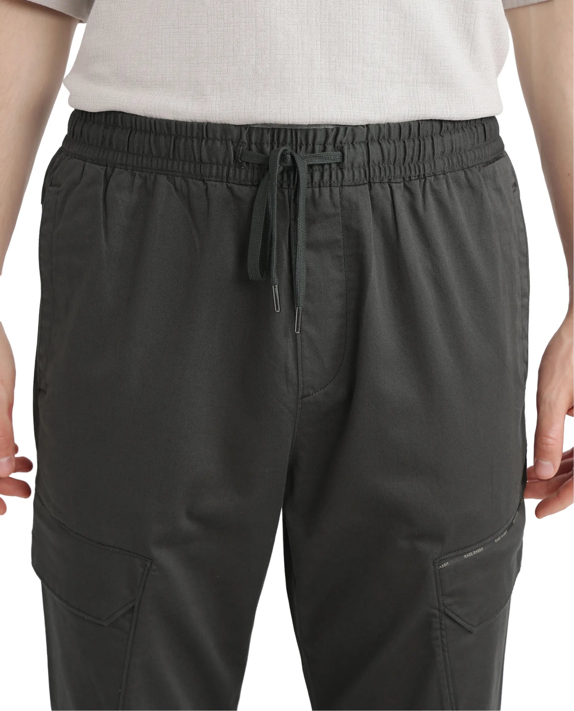 Rare Rabbit Men's Zudi Dark Grey Cotton Fabric Drawstring Closure Regular Fit Cargo Style Trouser
